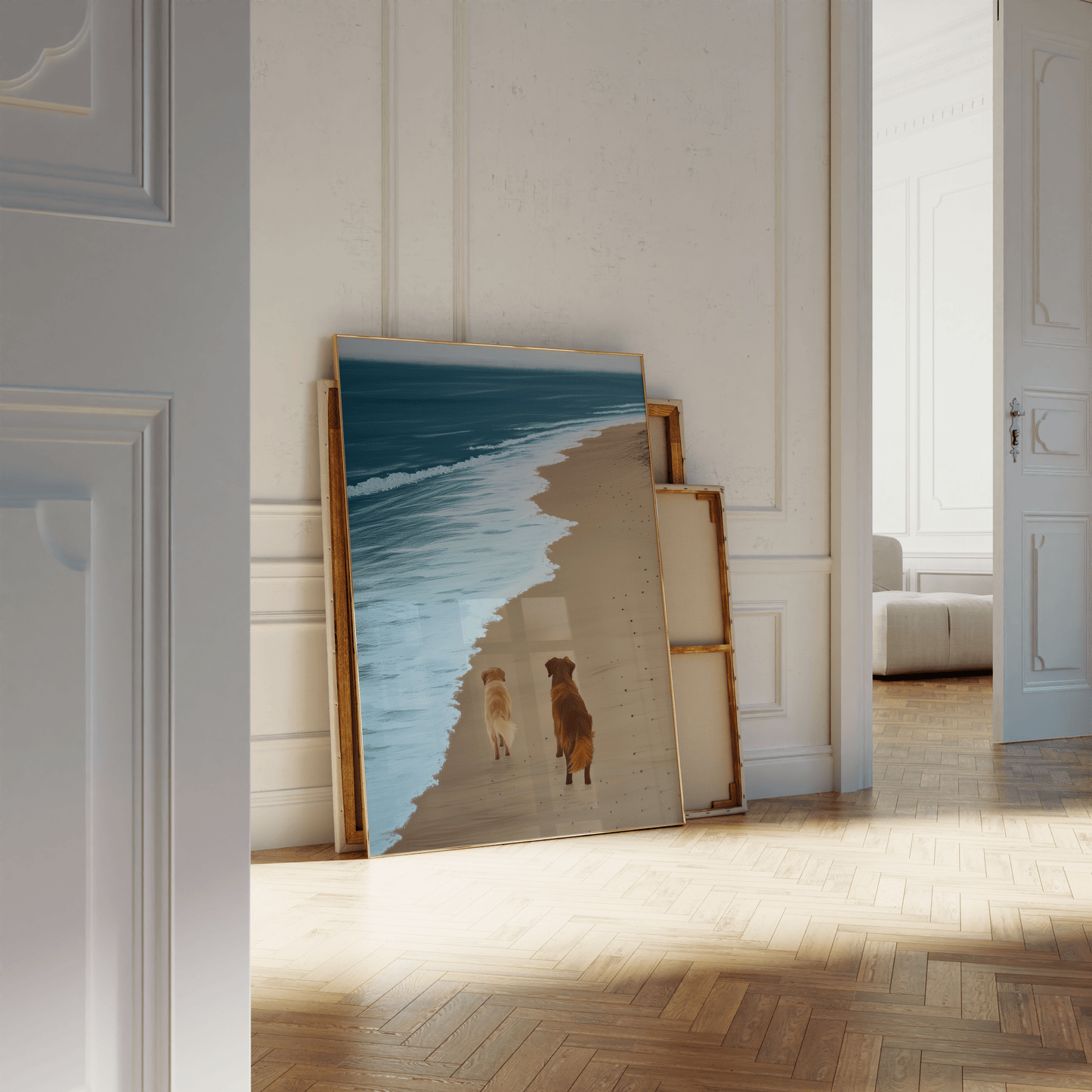 Paw Prints painting of two golden retrievers walking next to a calm ocean, leaning against a white bathroom wall.
