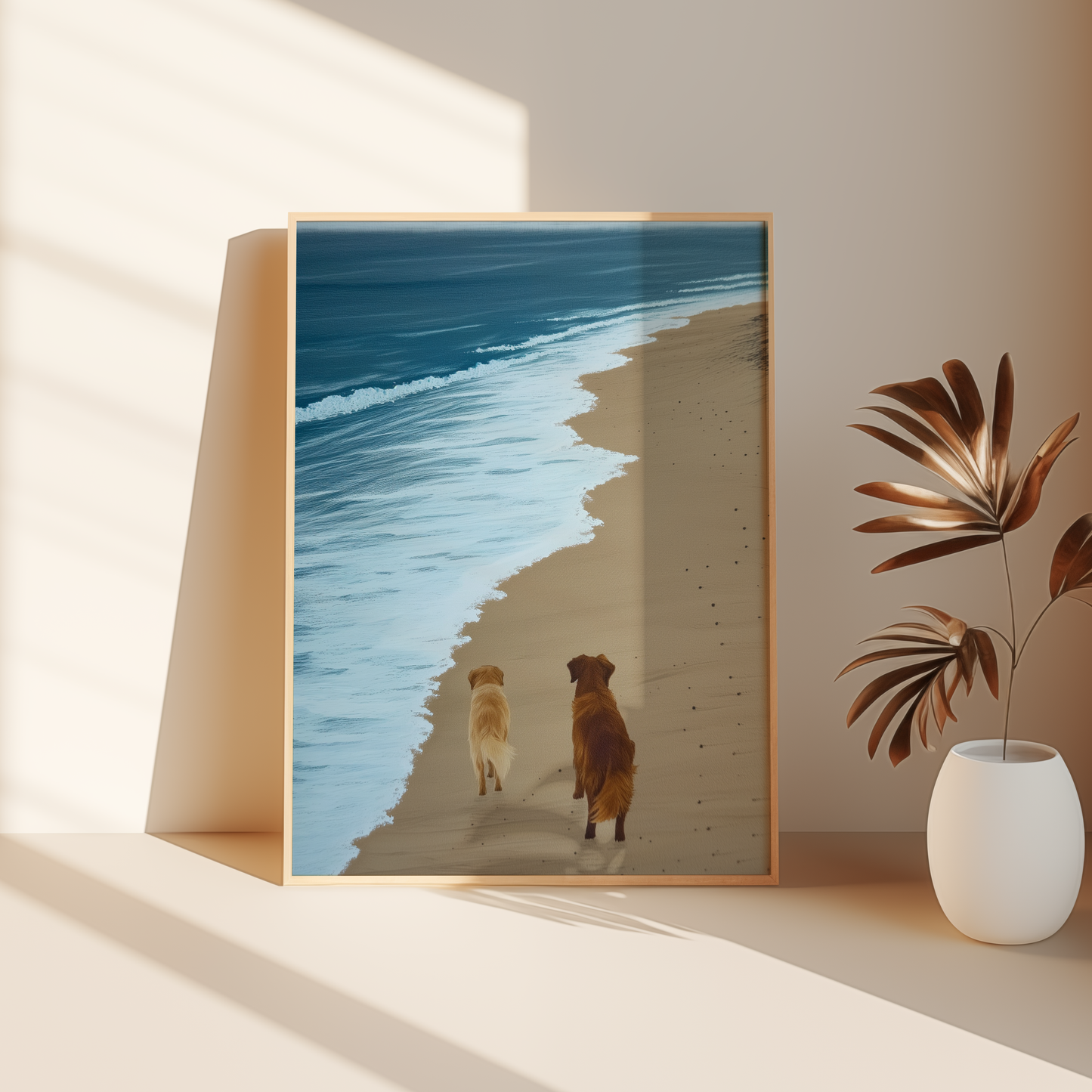 Paw Prints painting of two golden retrievers walking next to a calm ocean, leaning against the bedroom floor.