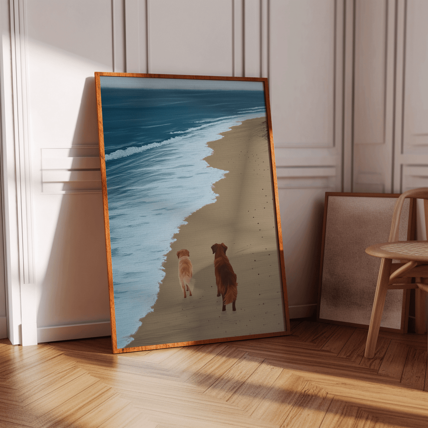 Painting of two golden retrievers walking next to a calm ocean, in a white Victorian hallway in view of natural sunlight.