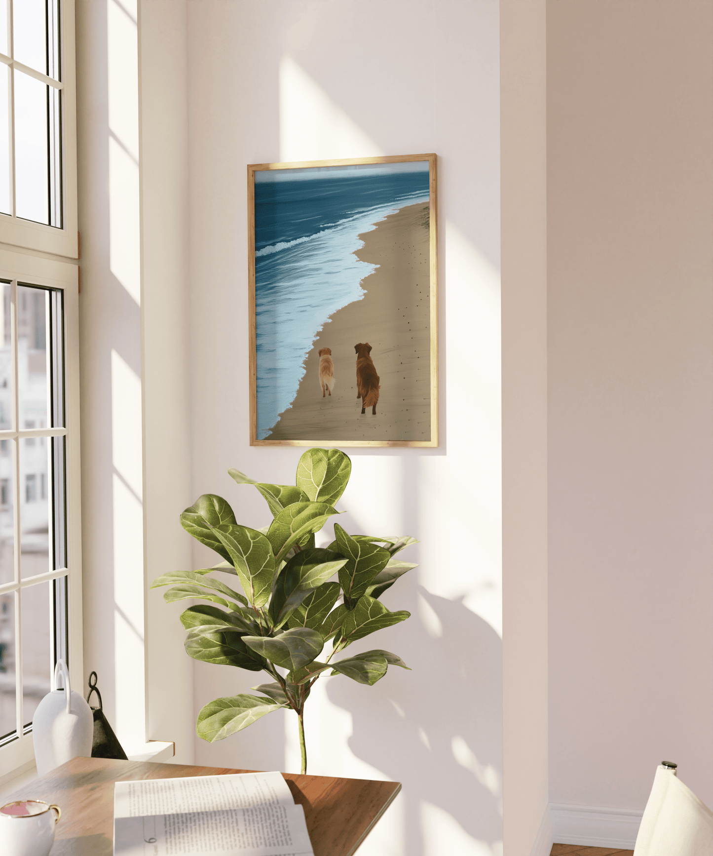 Paw Prints painting of two golden retrievers walking next to a calm ocean, on a blank wall.
