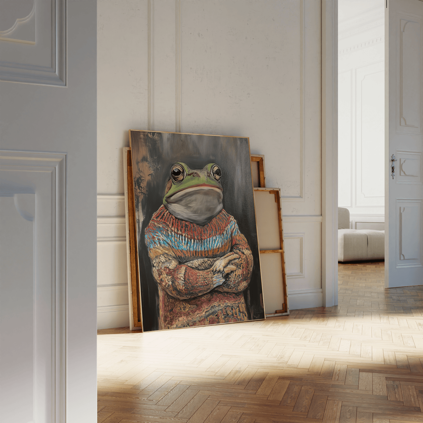 Framed painting of a grumpy frog wearing an ugly Christmas Sweater, leaning against a white bathroom wall - Paw Prints
