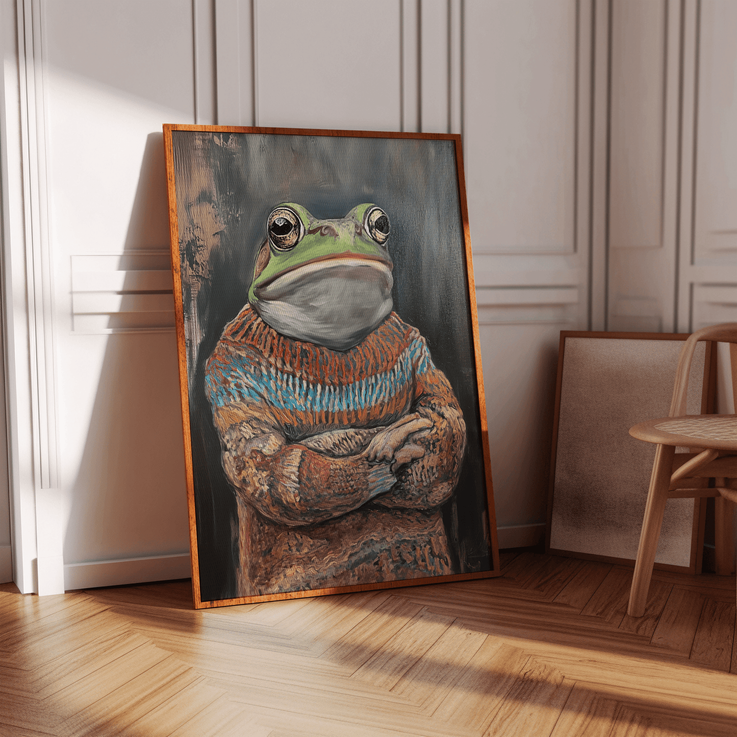 Framed painting of a grumpy frog wearing an ugly Christmas Sweater, in hallway - Paw Prints