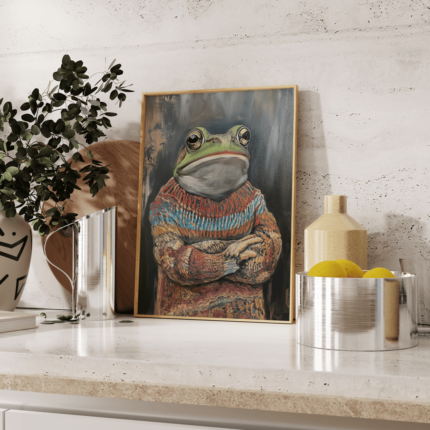 Framed painting of a grumpy frog wearing an ugly Christmas Sweater, leaning against the kitchen counter - Paw Prints