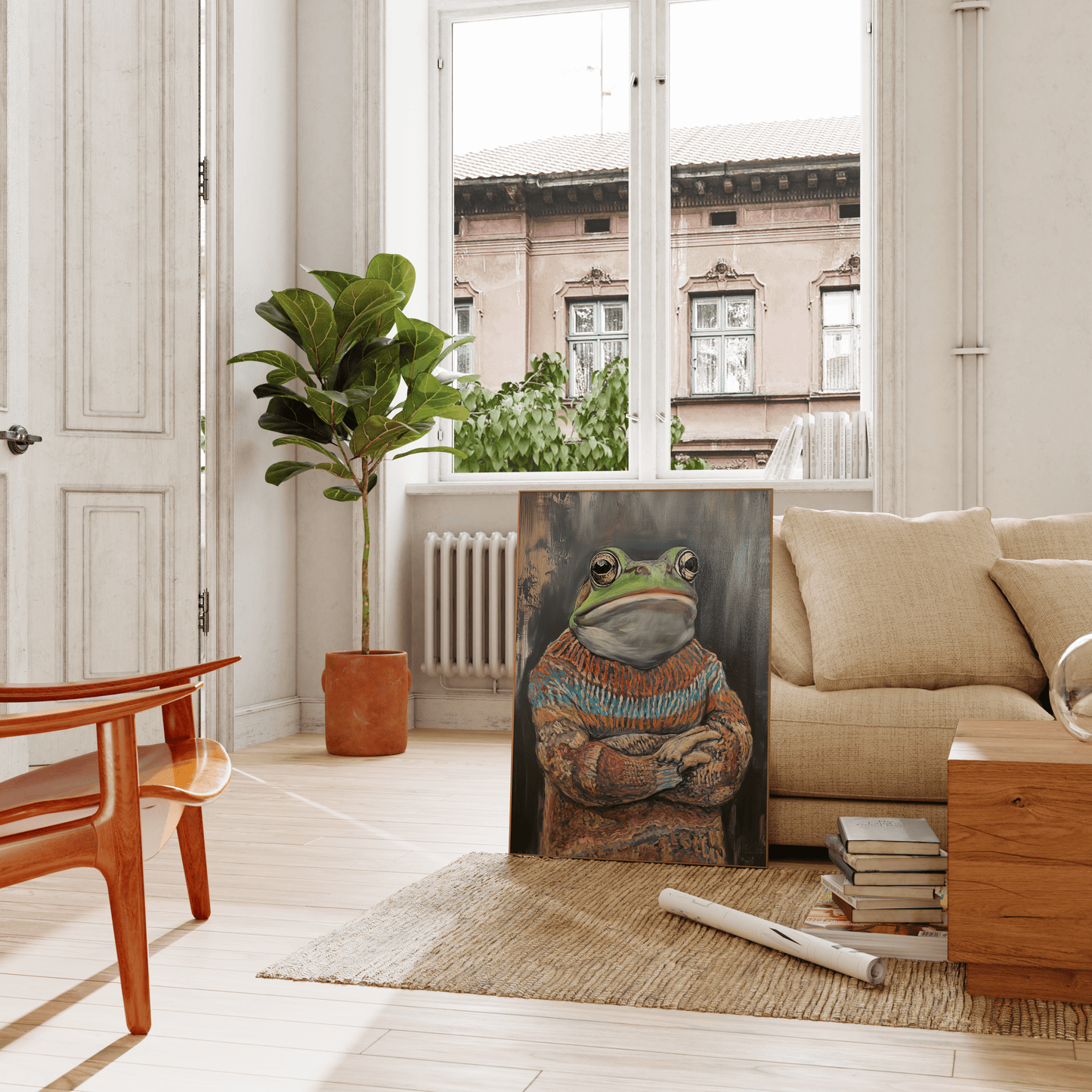Framed painting of a grumpy frog wearing an ugly Christmas Sweater, leaning against the living room couch - Paw Prints