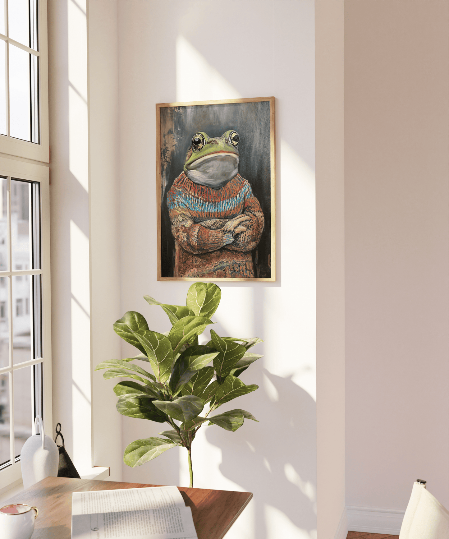 Framed painting of a grumpy frog wearing an ugly Christmas Sweater, on a blank wall - Paw Prints
