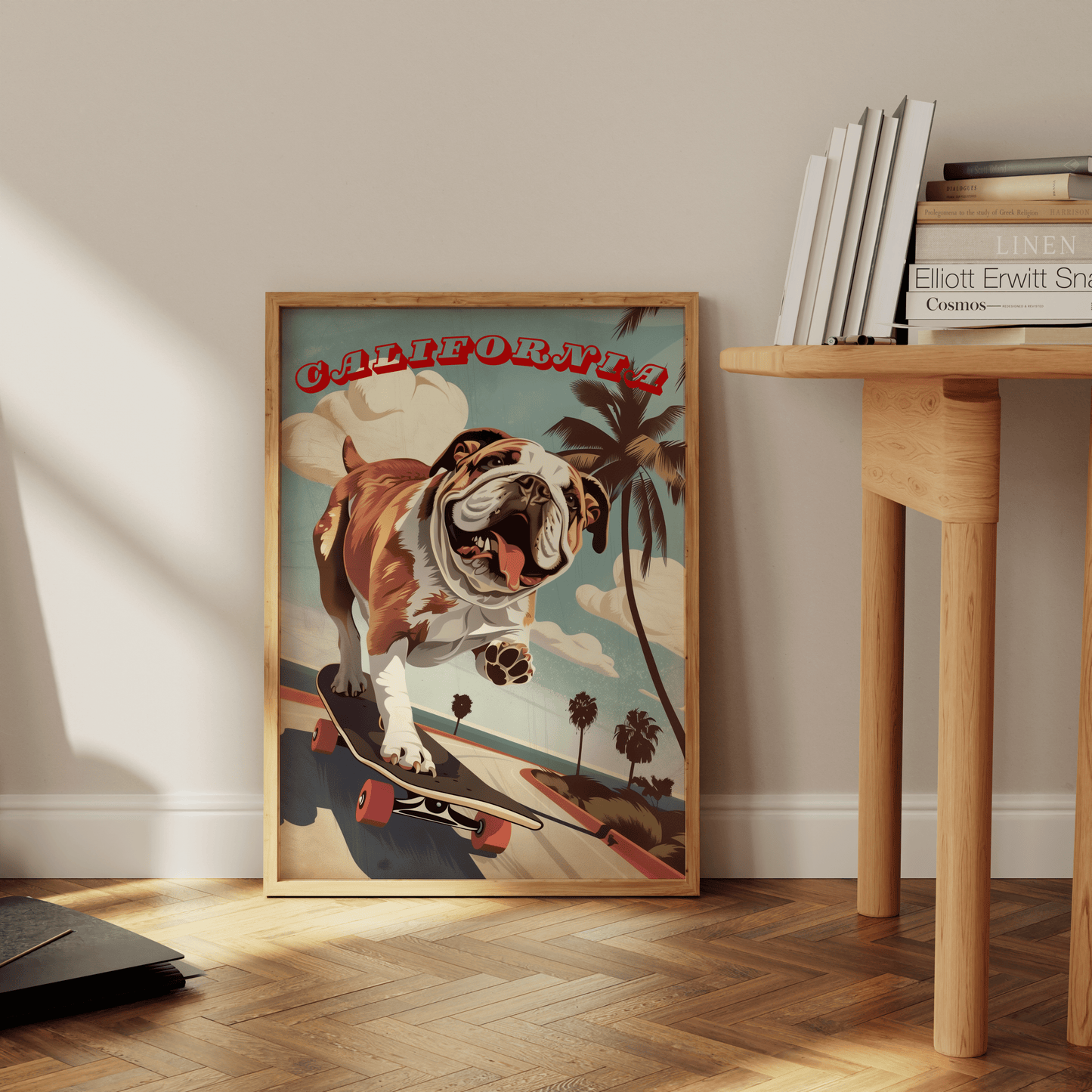 Paw Prints Vintage California travel poster of a bulldog on a skateboard in Venice Beach, leaning against the office floor.