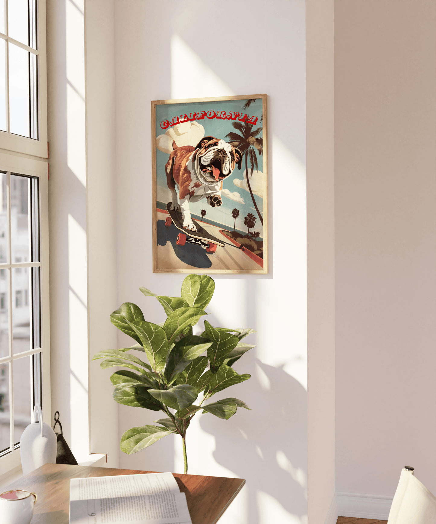 Paw Prints Vintage California travel poster of a bulldog on a skateboard in Venice Beach, on a blank wall.