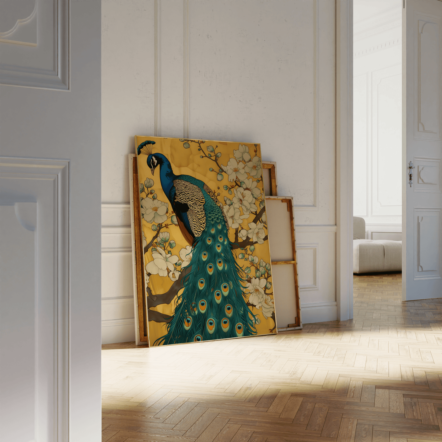 Painting of a peacock perched on the branches of white magnolia blossoms, leaning against a white bathroom wall - Paw Prints