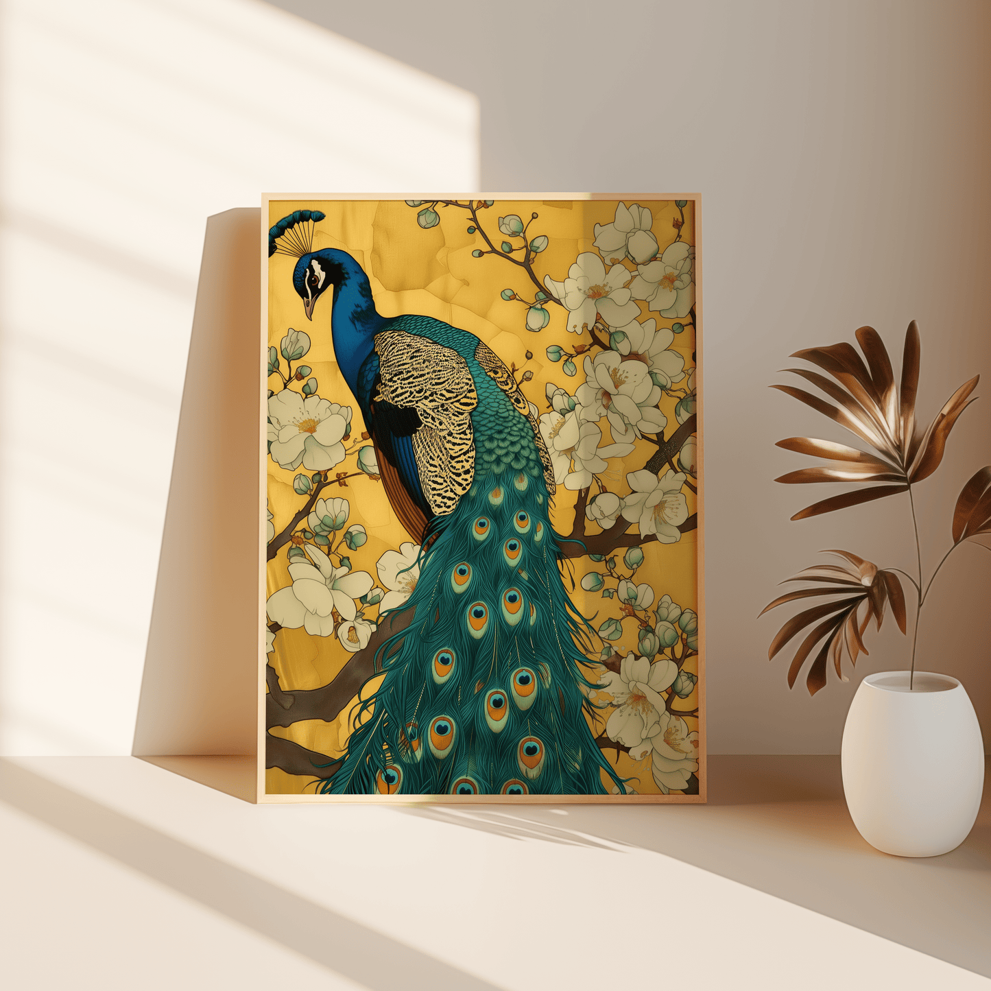 Painting of a peacock perched on the branches of white magnolia blossoms, leaning against the bedroom floor - Paw Prints