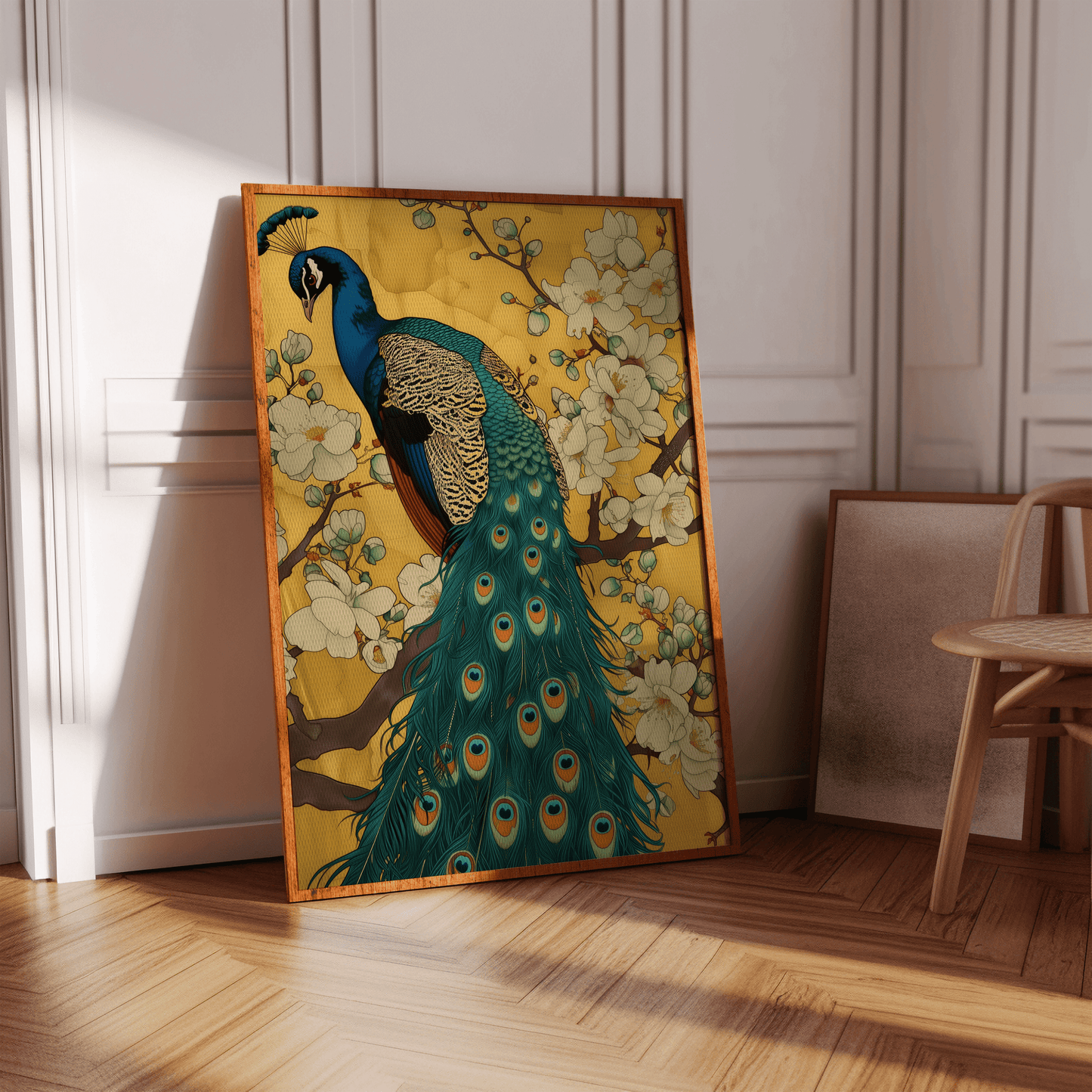 Chinese painting of a peacock perched on the branches of white magnolia blossoms, in a hallway - Paw Prints