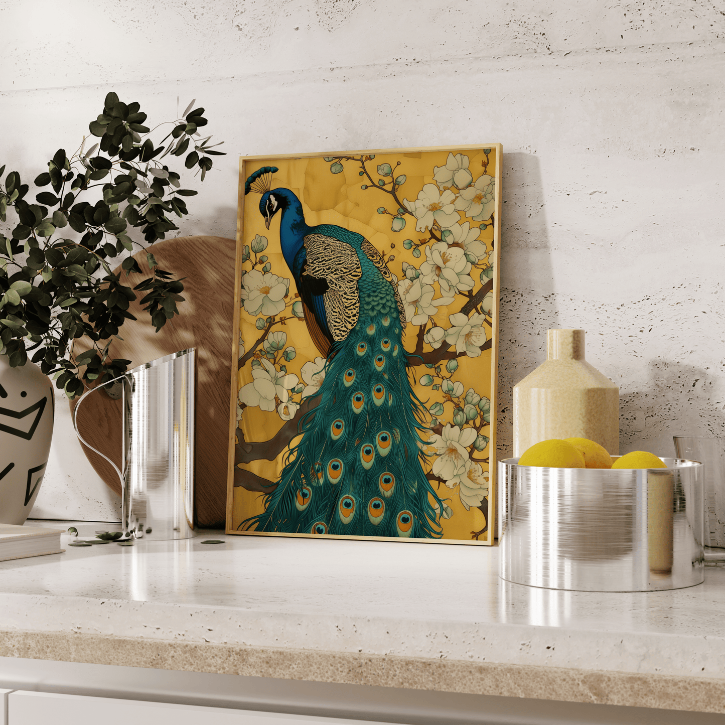 Painting of a peacock perched on the branches of white magnolia blossoms, leaning against the kitchen counter - Paw Prints