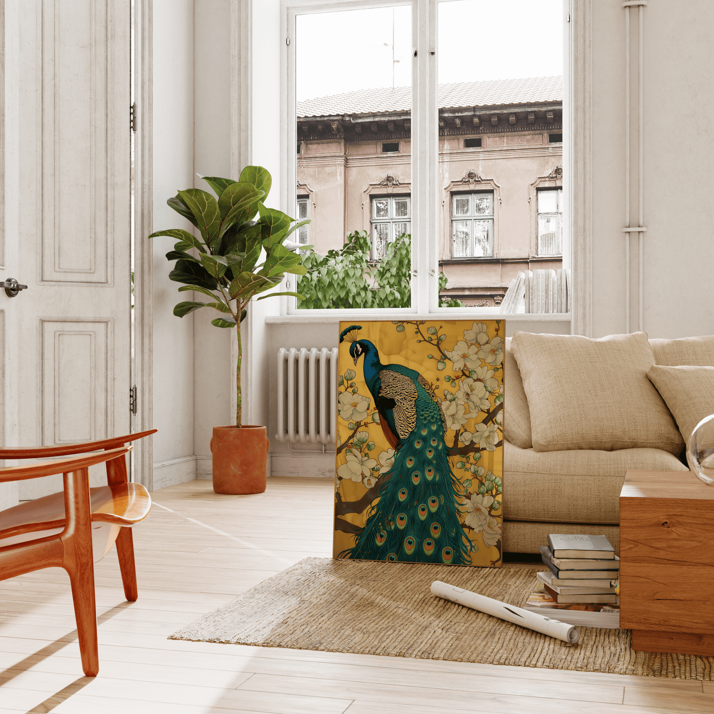 Painting of a peacock perched on the branches of white magnolia blossoms, leaning against the living room couch - Paw Prints