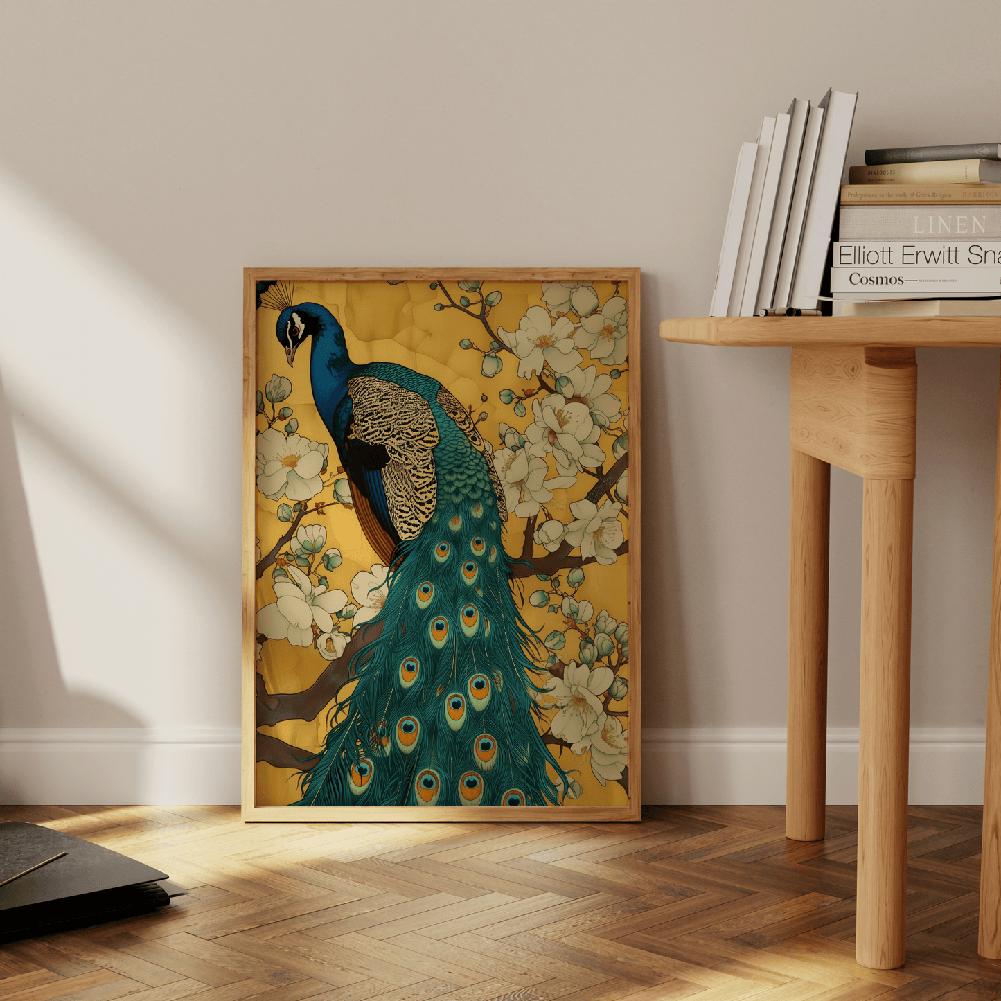 Painting of a peacock perched on the branches of white magnolia blossoms, leaning against the office wall - Paw Prints