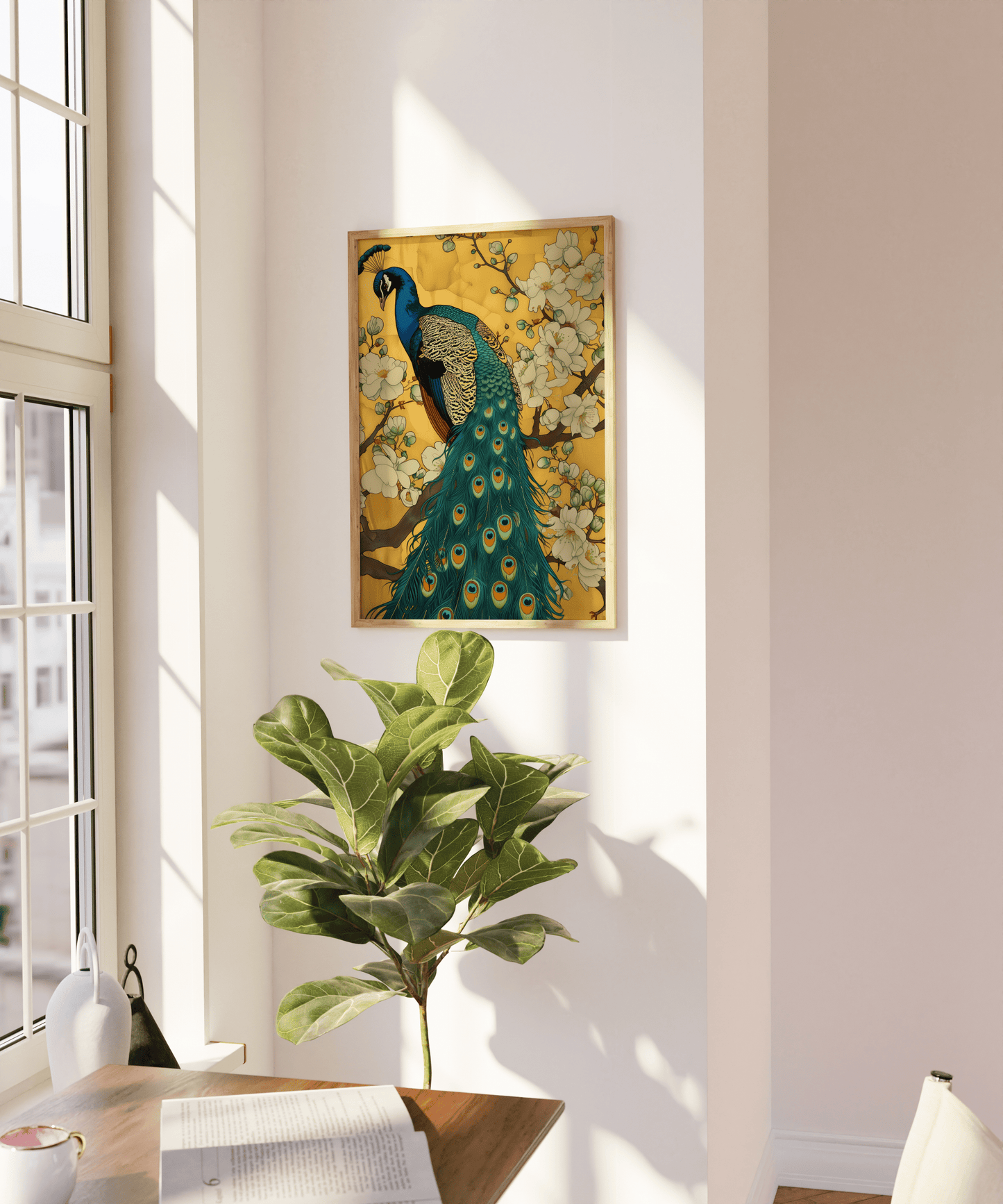 Painting of a peacock perched on the branches of white magnolia blossoms, on a blank wall - Paw Prints