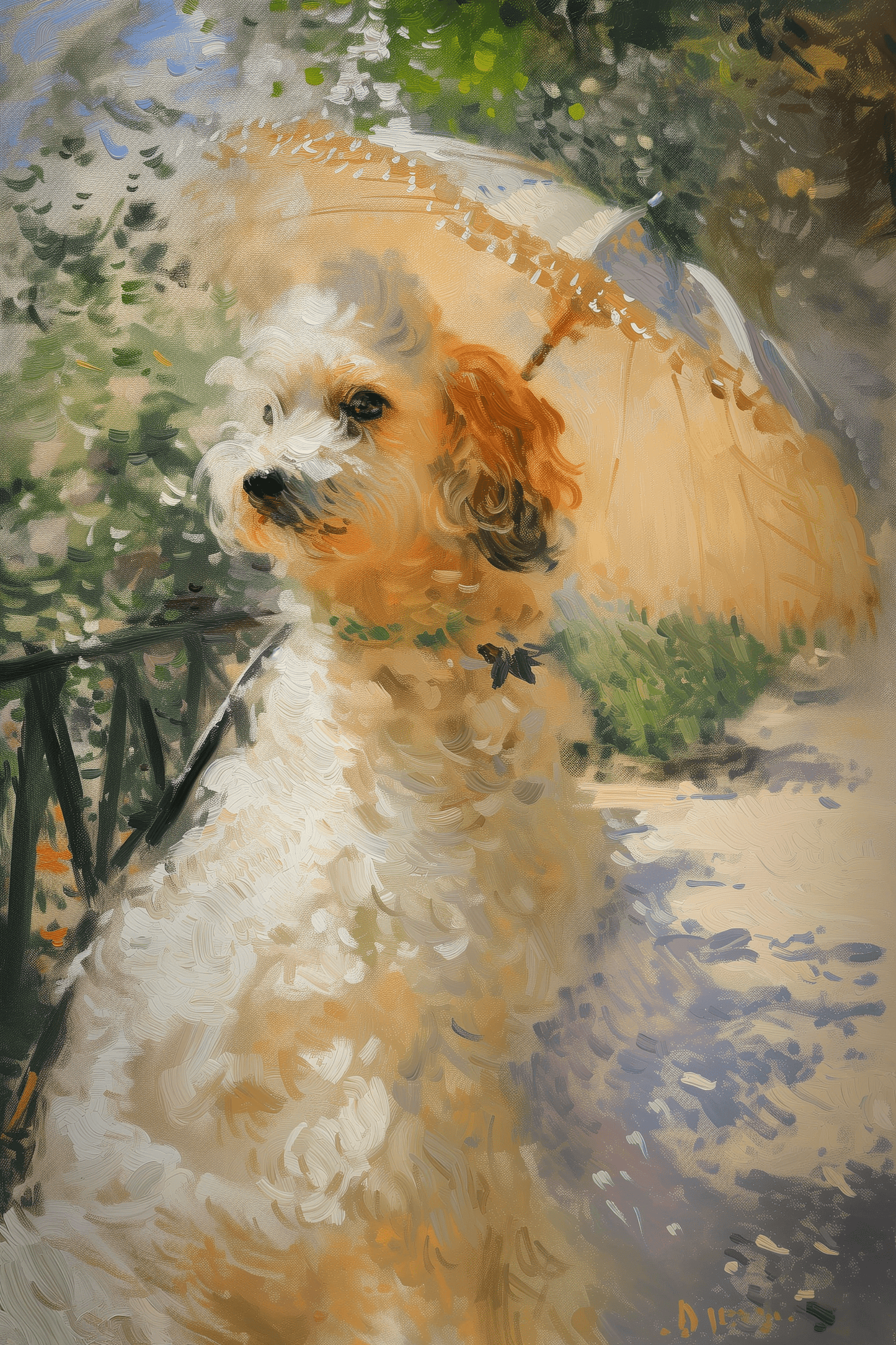 Impressionist painting of a Victorian dog holding an umbrella - Paw Prints