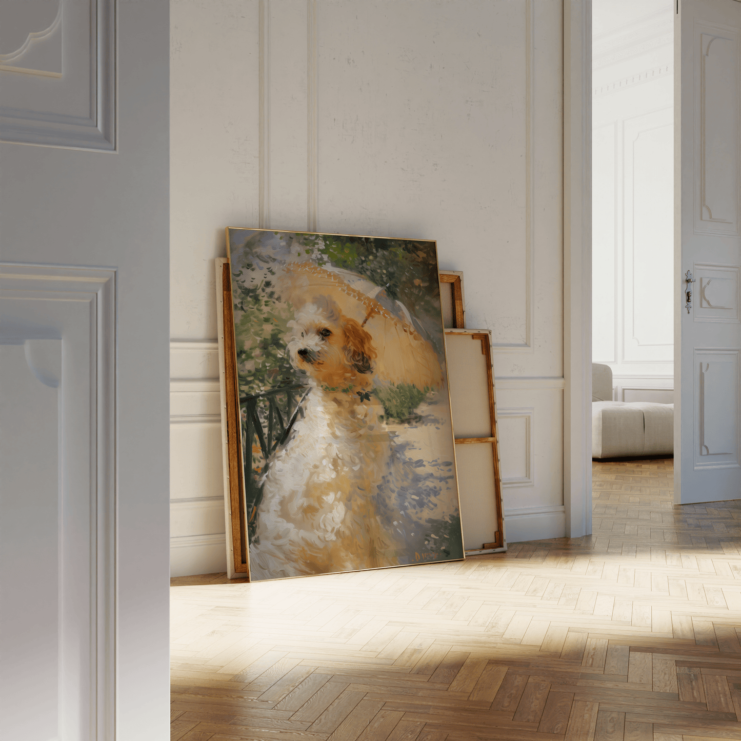 Impressionist painting of a Victorian dog holding an umbrella, leaning against a white bathroom wall - Paw Prints