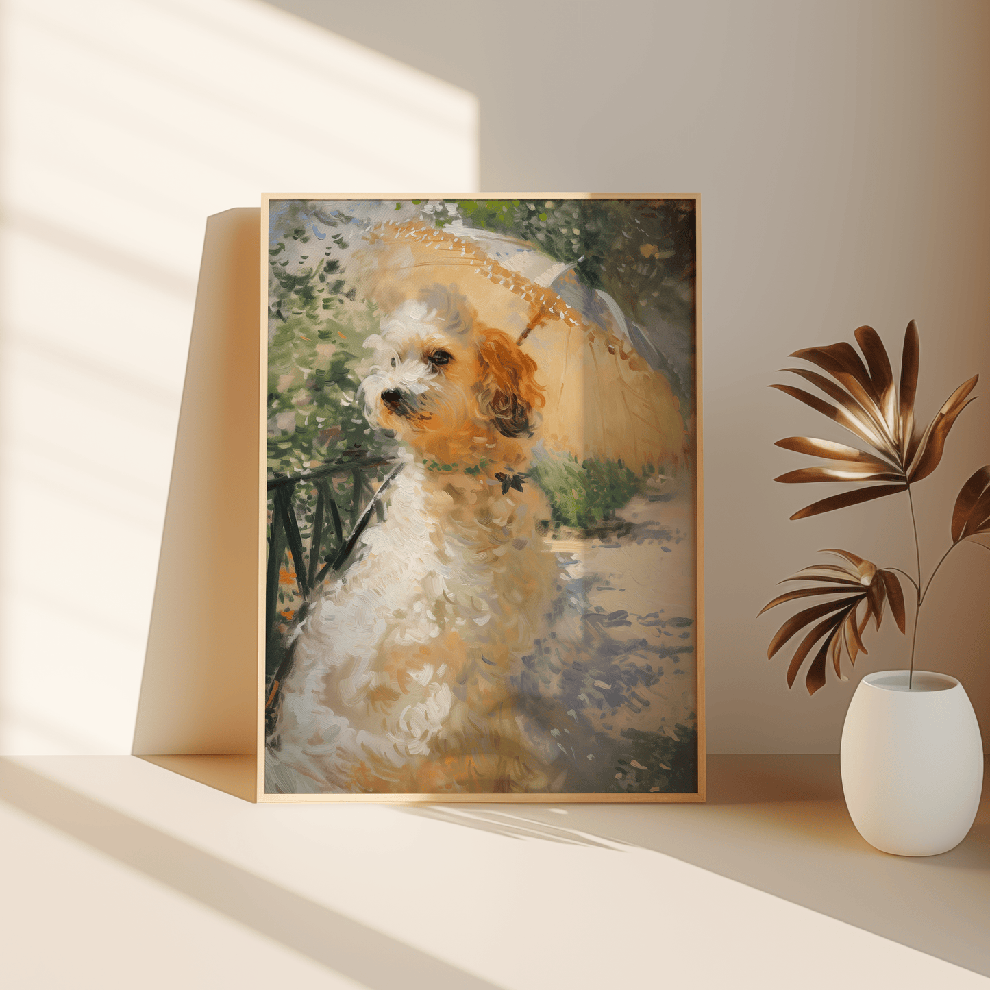 Impressionist painting of a Victorian dog holding an umbrella, leaning against the bedroom floor - Paw Prints