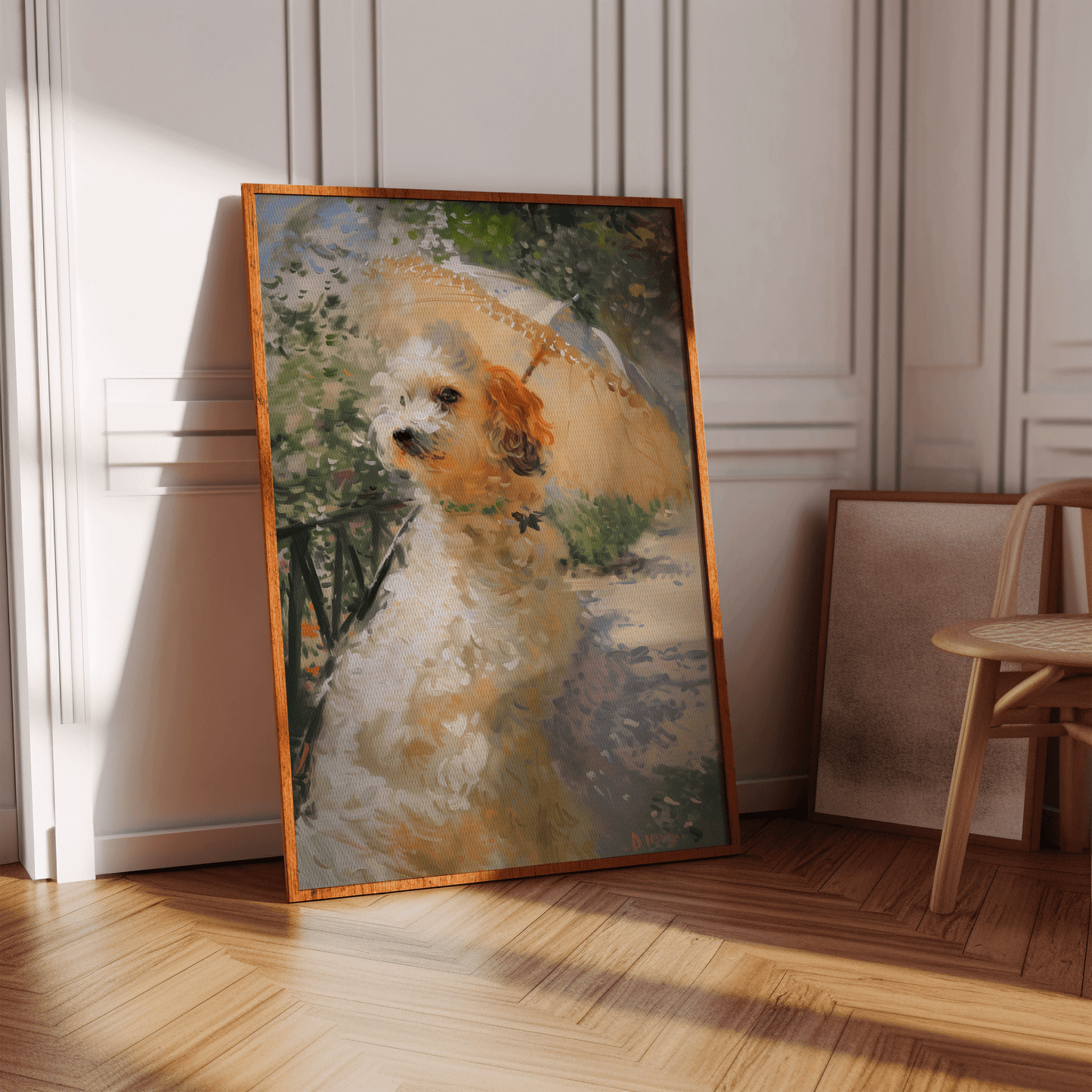 Impressionist painting of a Victorian dog holding an umbrella, in a hallway in view of natural sunlight - Paw Prints