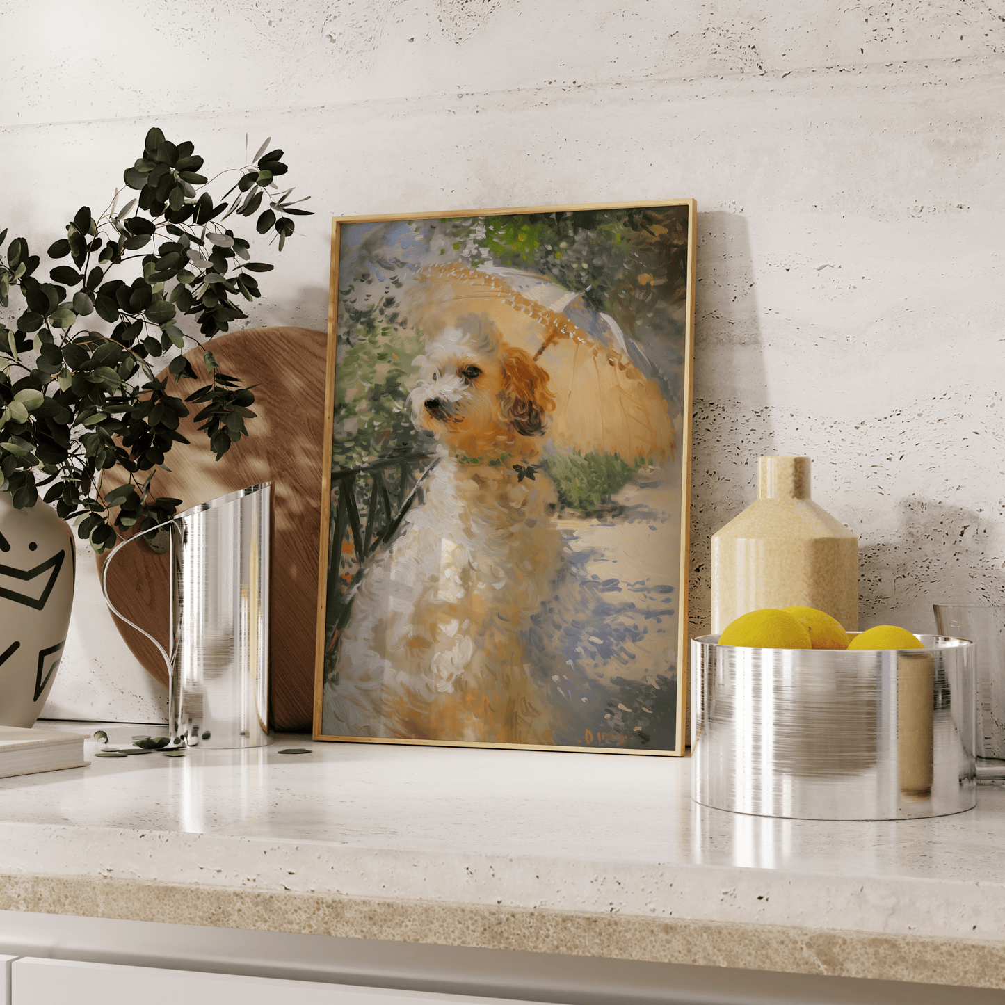 Impressionist painting of a Victorian dog holding an umbrella, leaning against the kitchen counter - Paw Prints