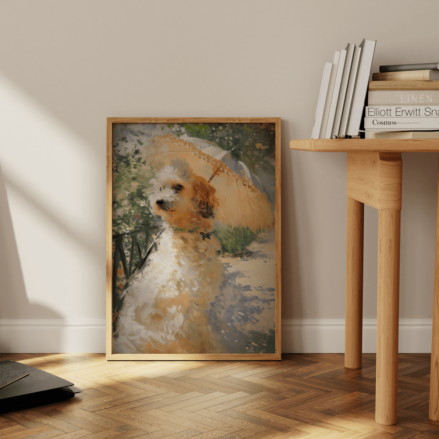 Impressionist painting of a Victorian dog holding an umbrella, leaning against the office wall - Paw Prints