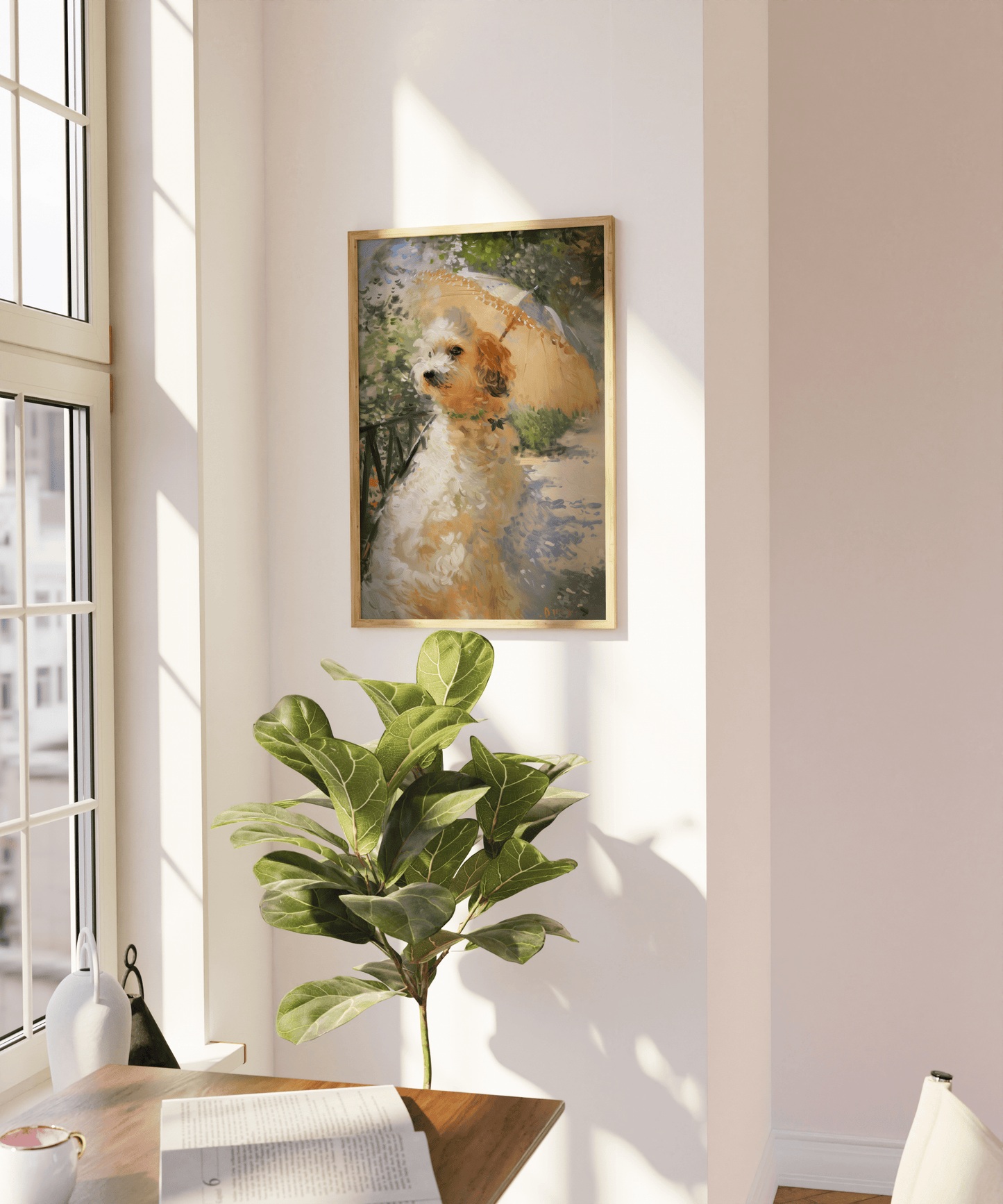 Impressionist painting of a Victorian dog holding an umbrella, on a blank wall - Paw Prints