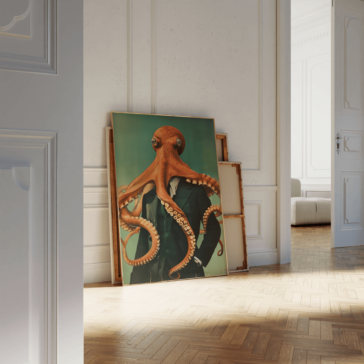 Vintage painting of a octopus wearing a suit, confident stance, leaning against a white bathroom wall - Paw Prints