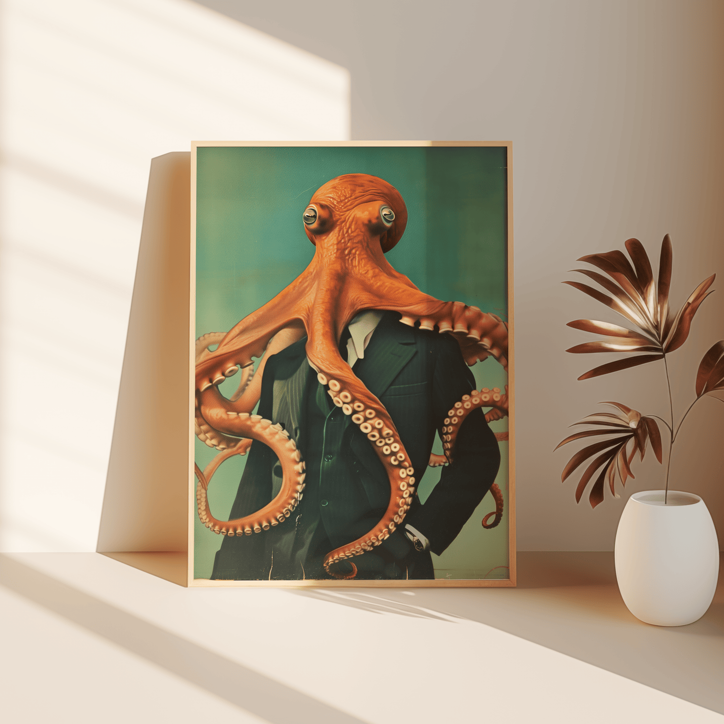Vintage painting of a octopus wearing a suit, confident stance, leaning against the bedroom floor - Paw Prints