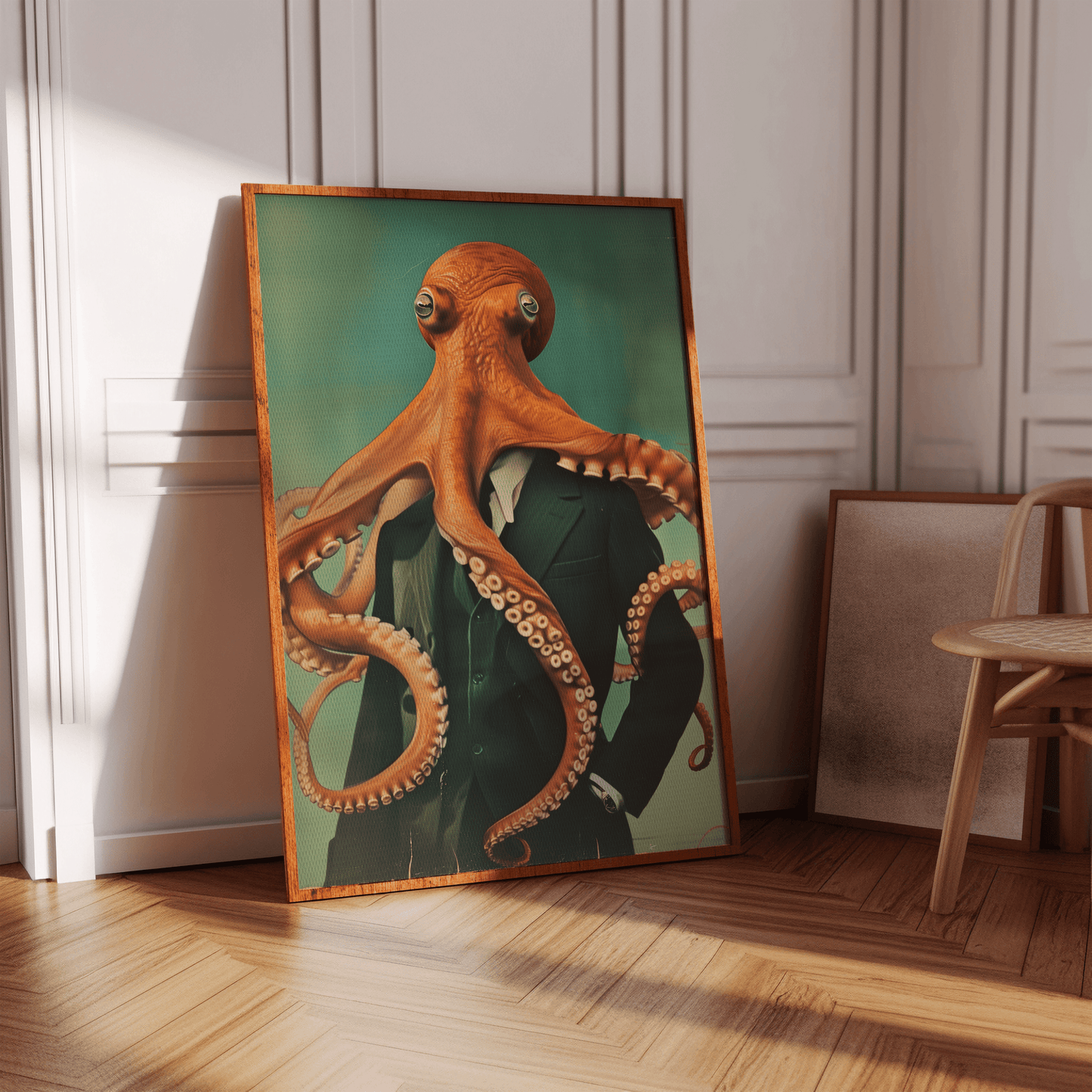 Vintage painting of a octopus wearing a suit, confident stance, in hallway - Paw Prints