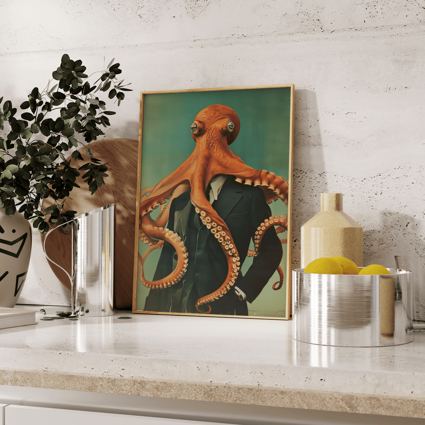 Vintage painting of a octopus wearing a suit, confident stance, leaning against the kitchen counter - Paw Prints