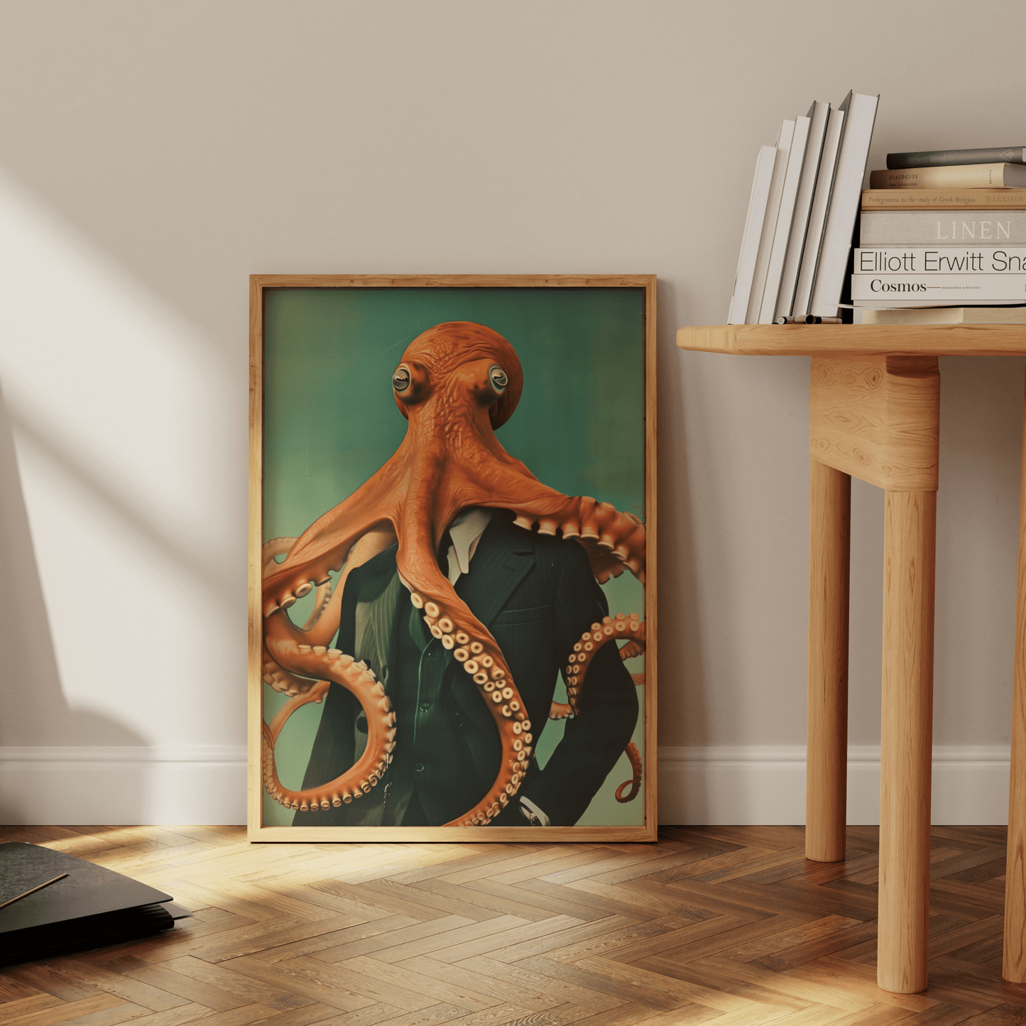 Vintage painting of a octopus wearing a suit, confident stance, leaning against the office wall - Paw Prints