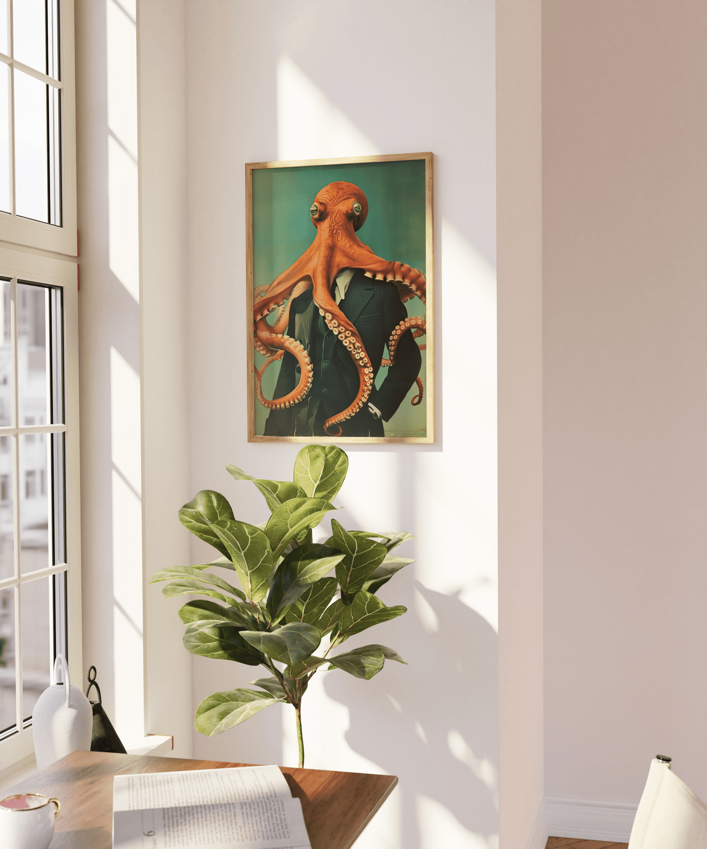 Vintage painting of a octopus wearing a suit, confident stance, on a blank wall - Paw Prints