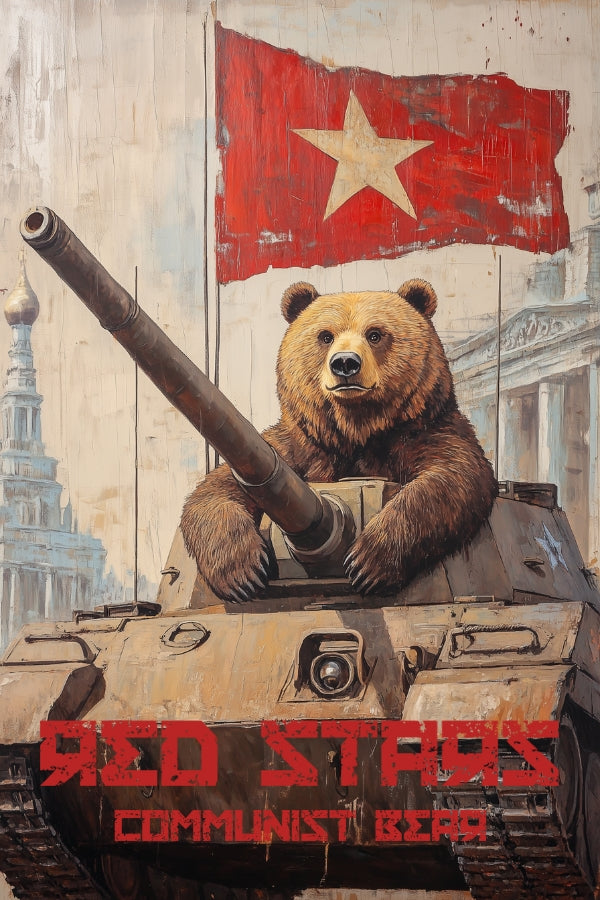 Satiric vintage Soviet Union propaganda poster of a bear inside of a tank - Paw Prints