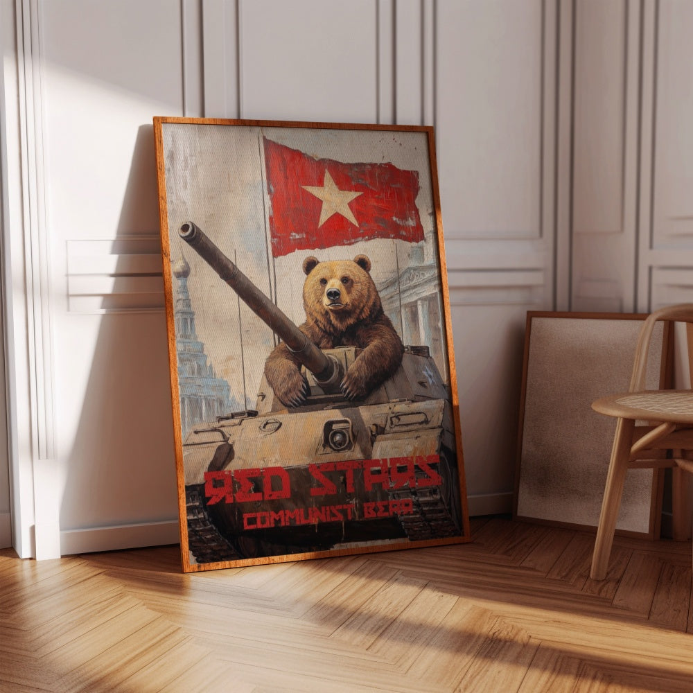 Satiric vintage Soviet Union propaganda framed poster of a bear inside of a tank