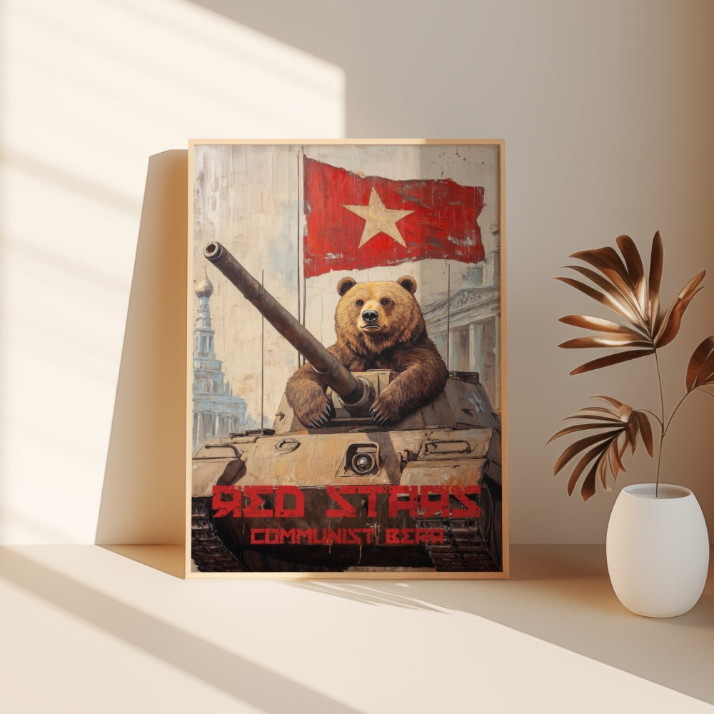 Satiric vintage Soviet Union propaganda framed poster of a bear inside of a tank