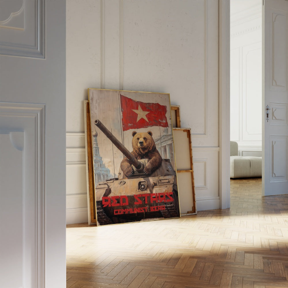 Satiric vintage Soviet Union propaganda framed poster of a bear inside of a tank