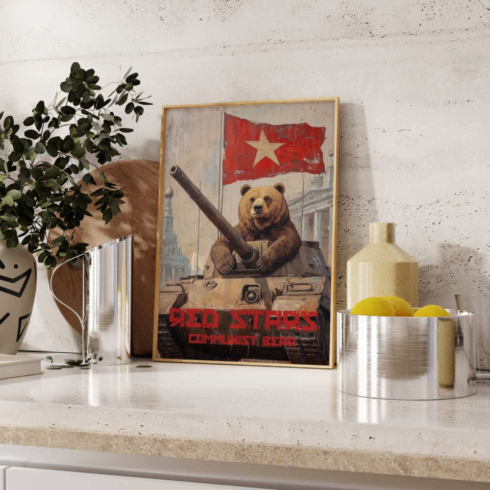 Satiric vintage Soviet Union propaganda framed poster of a bear inside of a tank