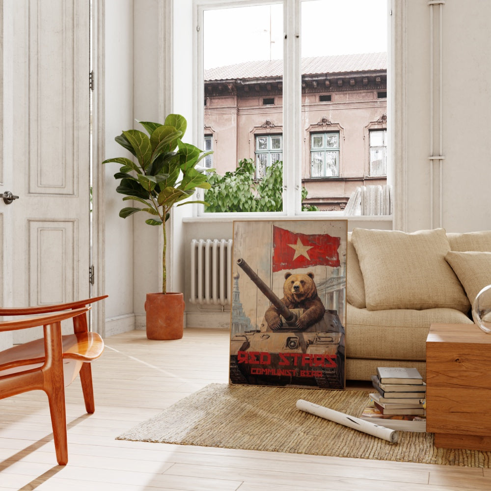 Satiric vintage Soviet Union propaganda framed poster of a bear inside of a tank