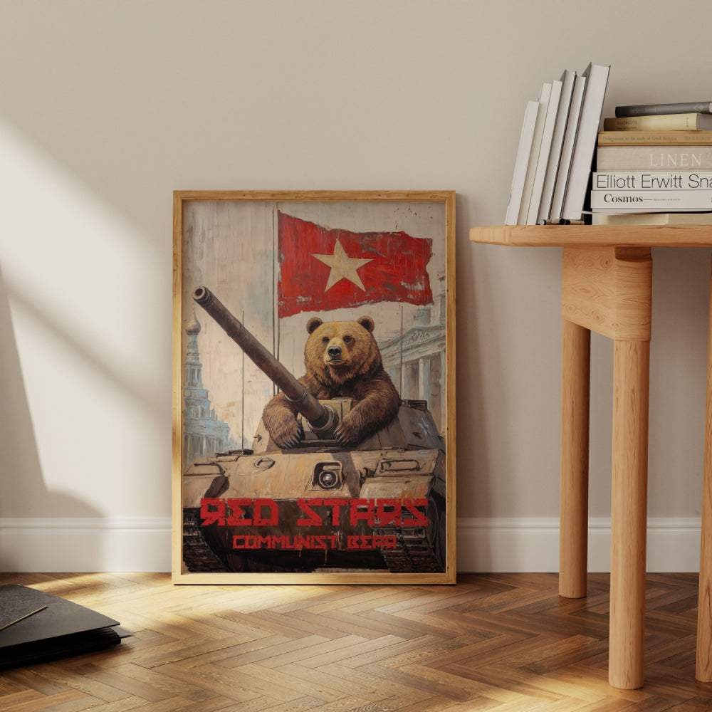 Satiric vintage Soviet Union propaganda framed poster of a bear inside of a tank