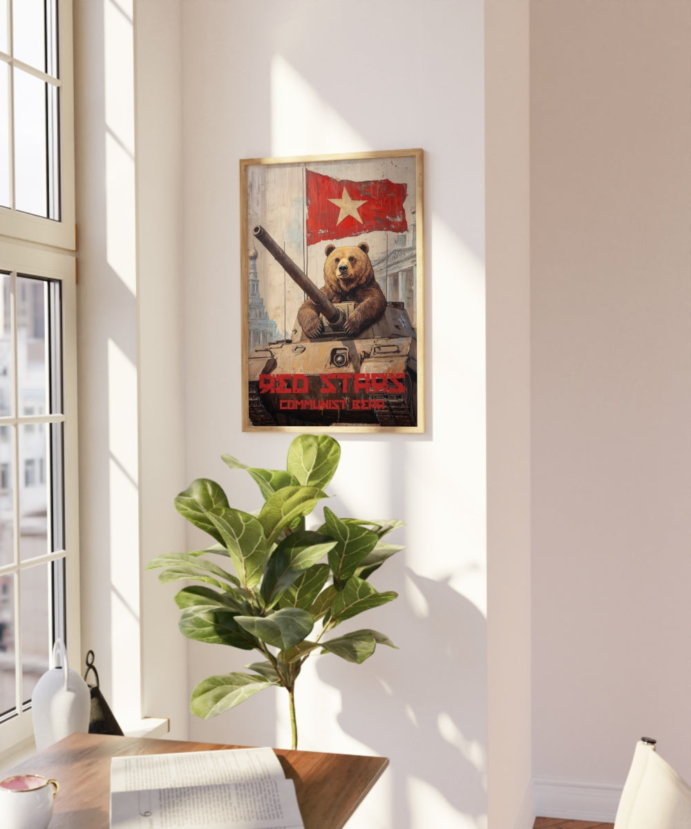 Satiric vintage Soviet Union propaganda framed poster of a bear inside of a tank