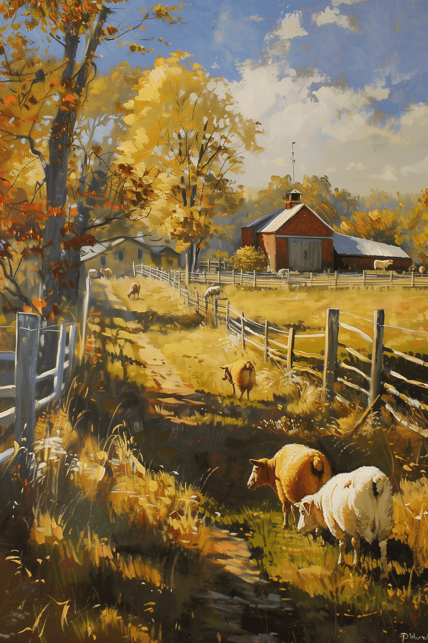 Painting of sheep in an autumn barnyard, detailed brushwork in a rustic American style - Paw Prints
