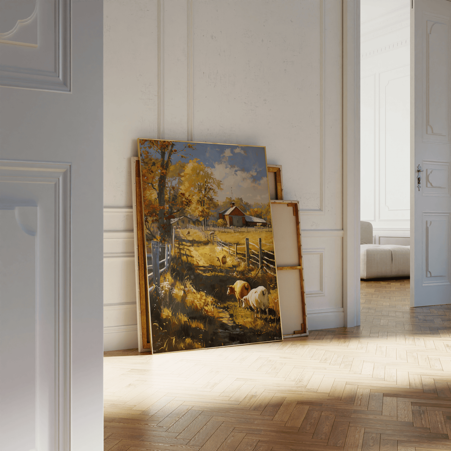Painting of sheep in an autumn barnyard, in a rustic American style, leaning against a white bathroom wall - Paw Prints