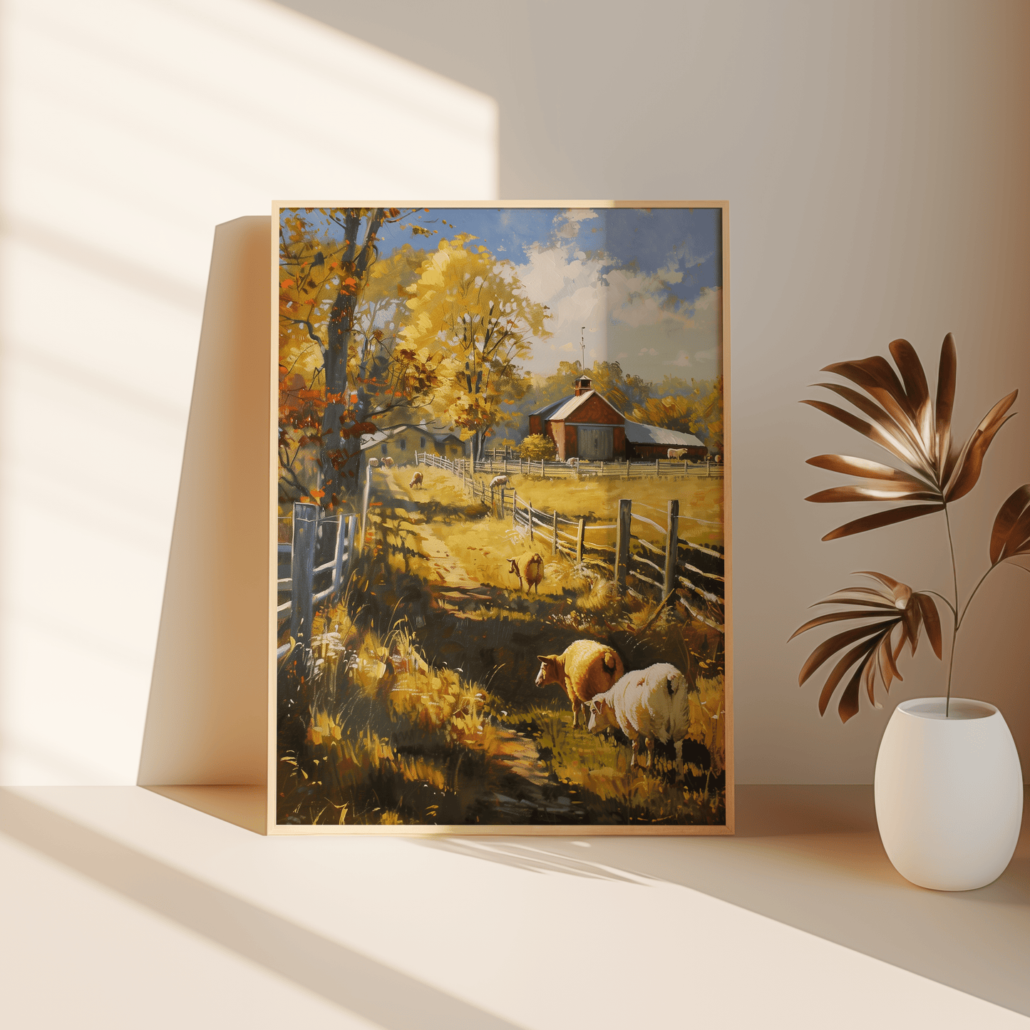 Painting of sheep in an autumn barnyard, in a rustic American style, leaning against the bedroom floor - Paw Prints