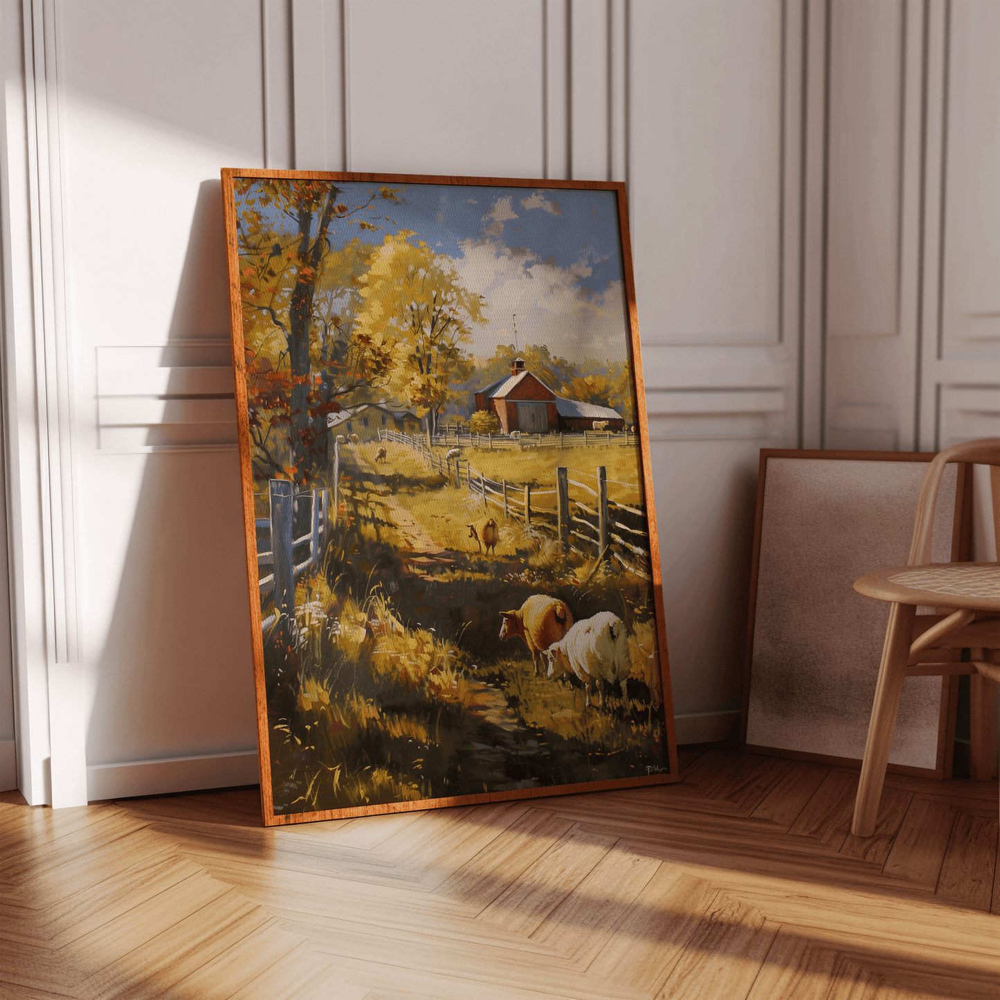 Painting of sheep in an autumn barnyard, detailed brushwork in a rustic American style, in a hallway - Paw Prints