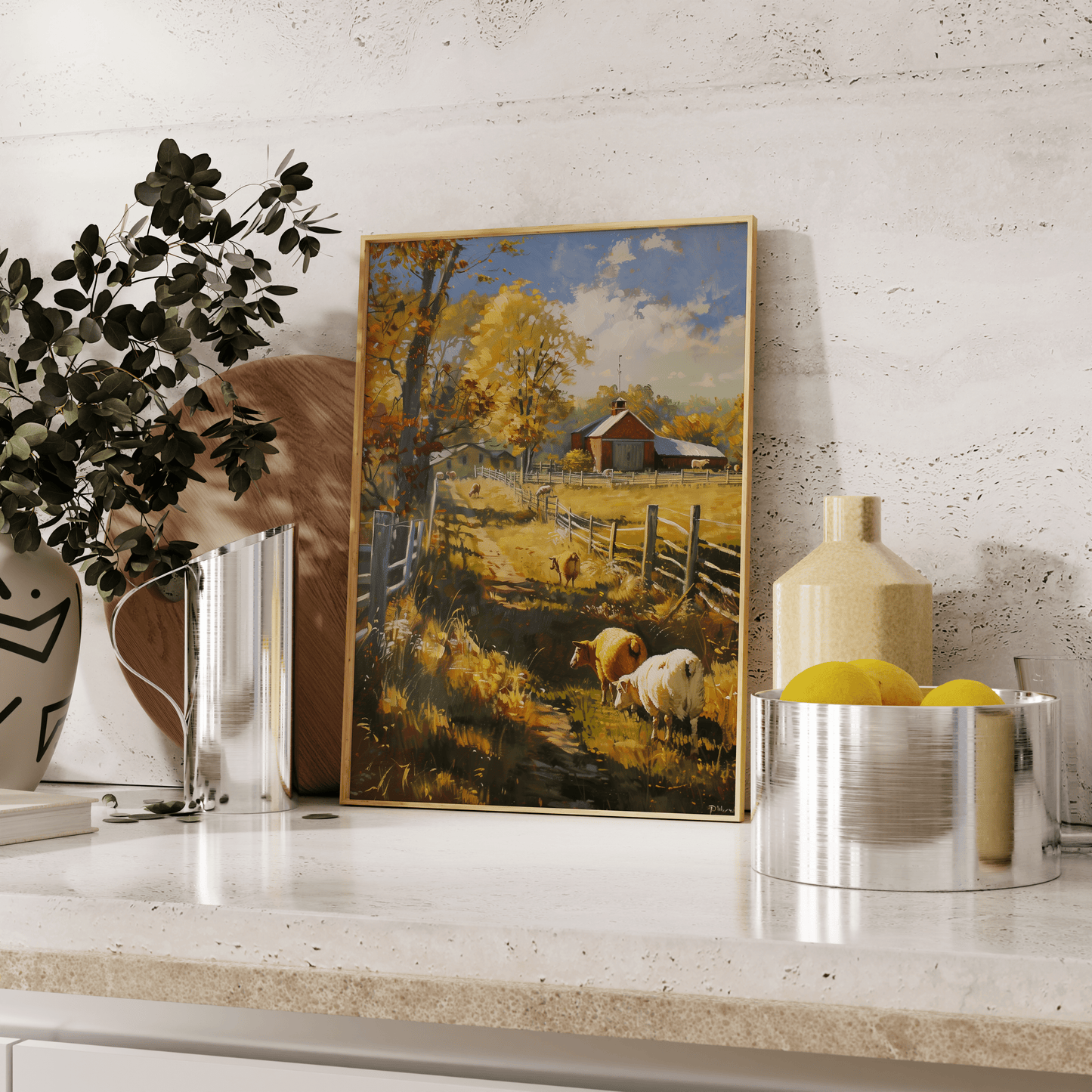 Painting of sheep in an autumn barnyard, in a rustic American style, leaning against the kitchen counter - Paw Prints