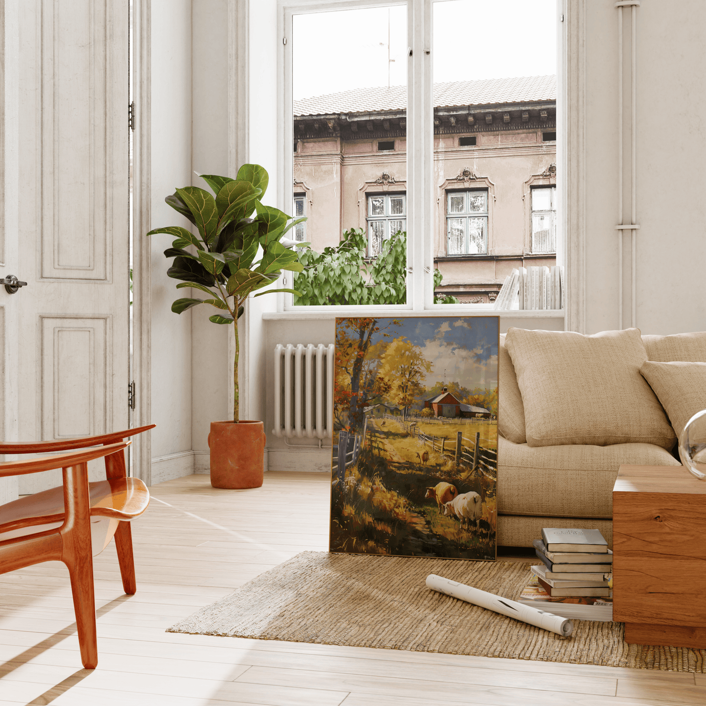 Painting of sheep in an autumn barnyard, in a rustic American style, leaning against the living room couch - Paw Prints