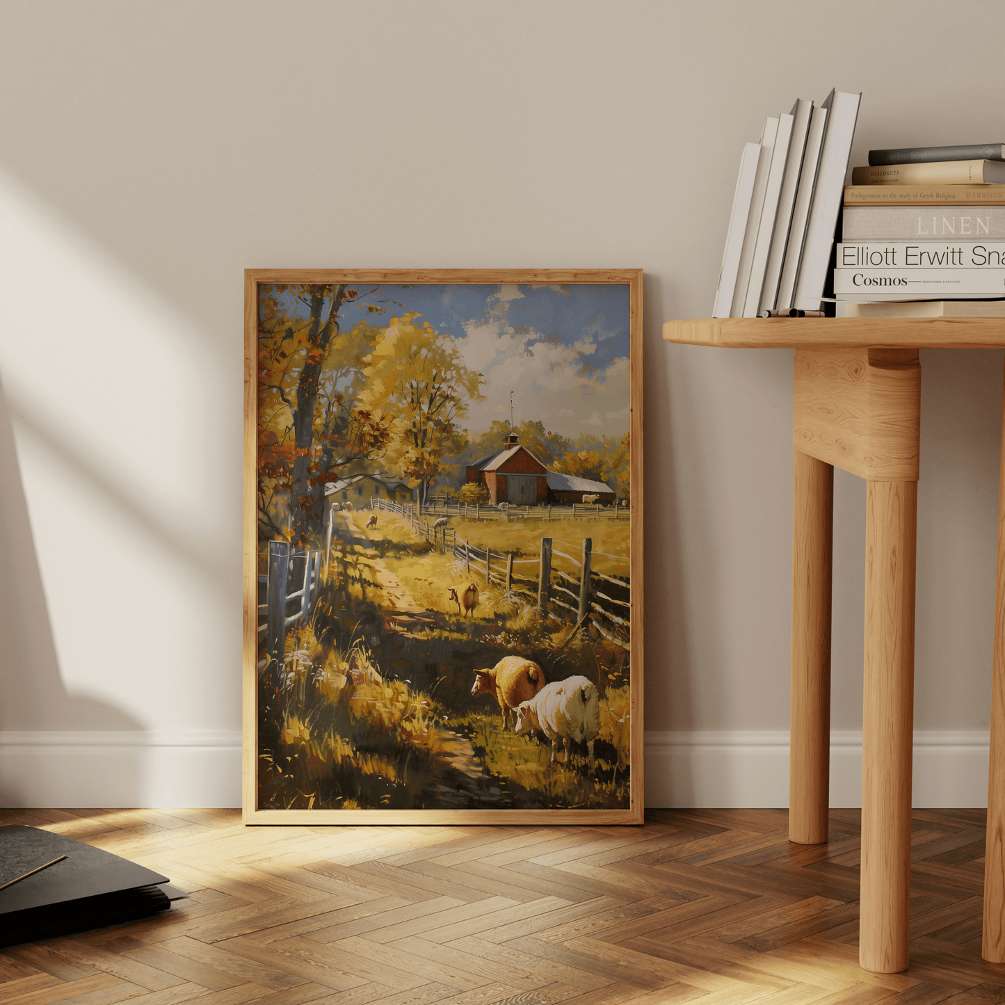 Painting of sheep in an autumn barnyard, in a rustic American style, leaning against the office wall - Paw Prints