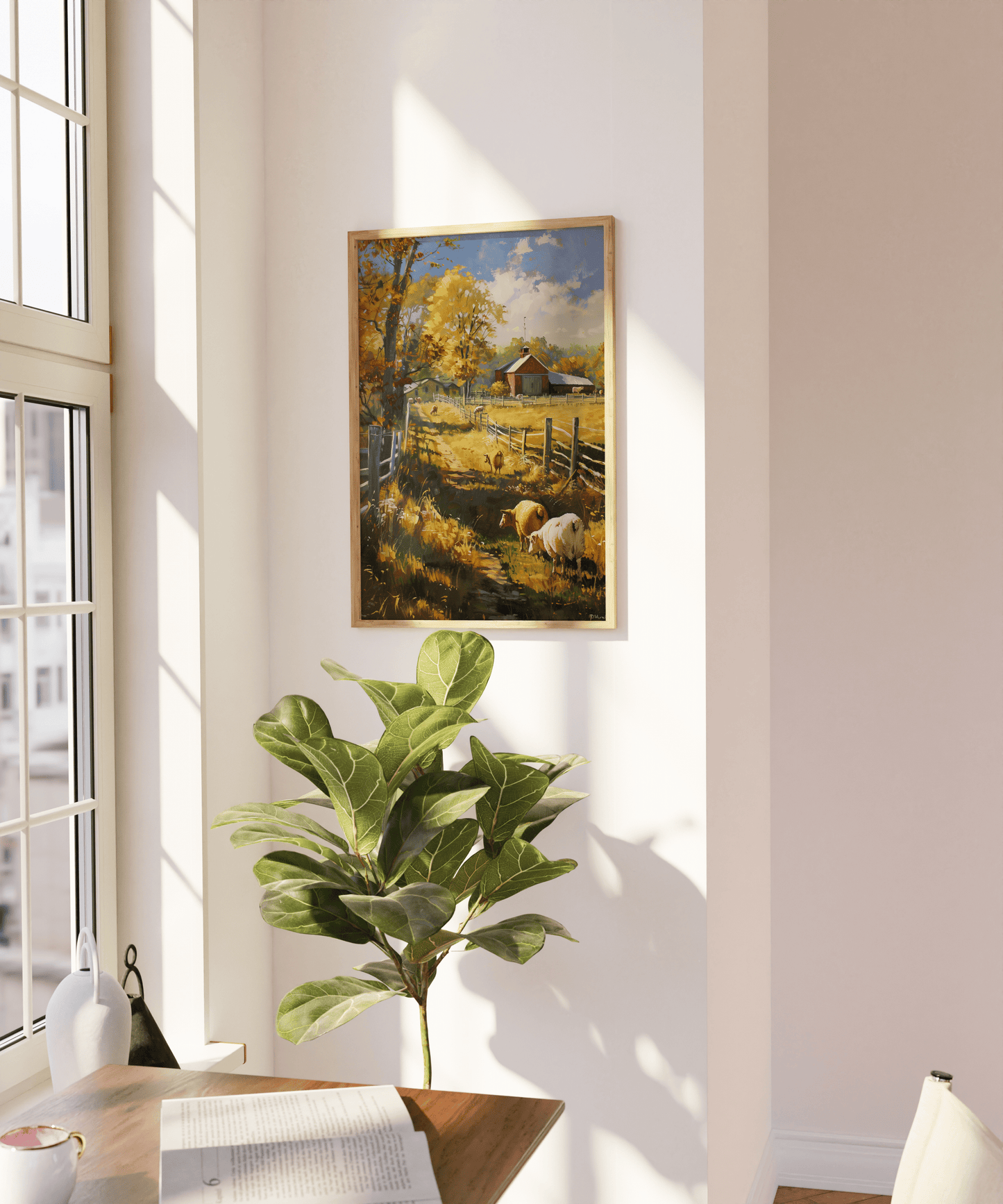 Painting of sheep in an autumn barnyard, in a rustic American style, on a blank wall - Paw Prints