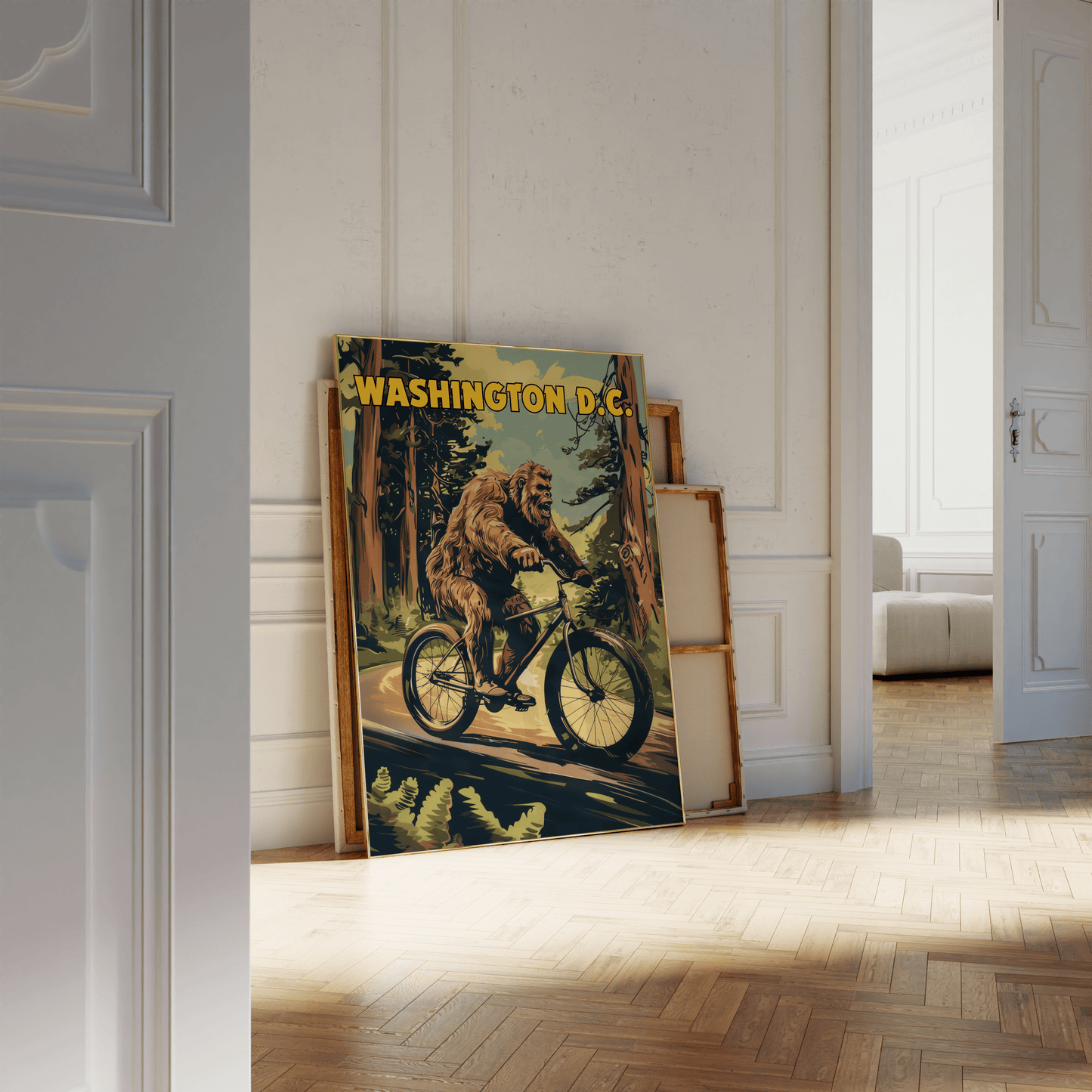 Travel Poster of a Bigfoot riding a bicycle through the forest, titled "Washington DC", leaning against a white bathroom wall - Paw Prints
