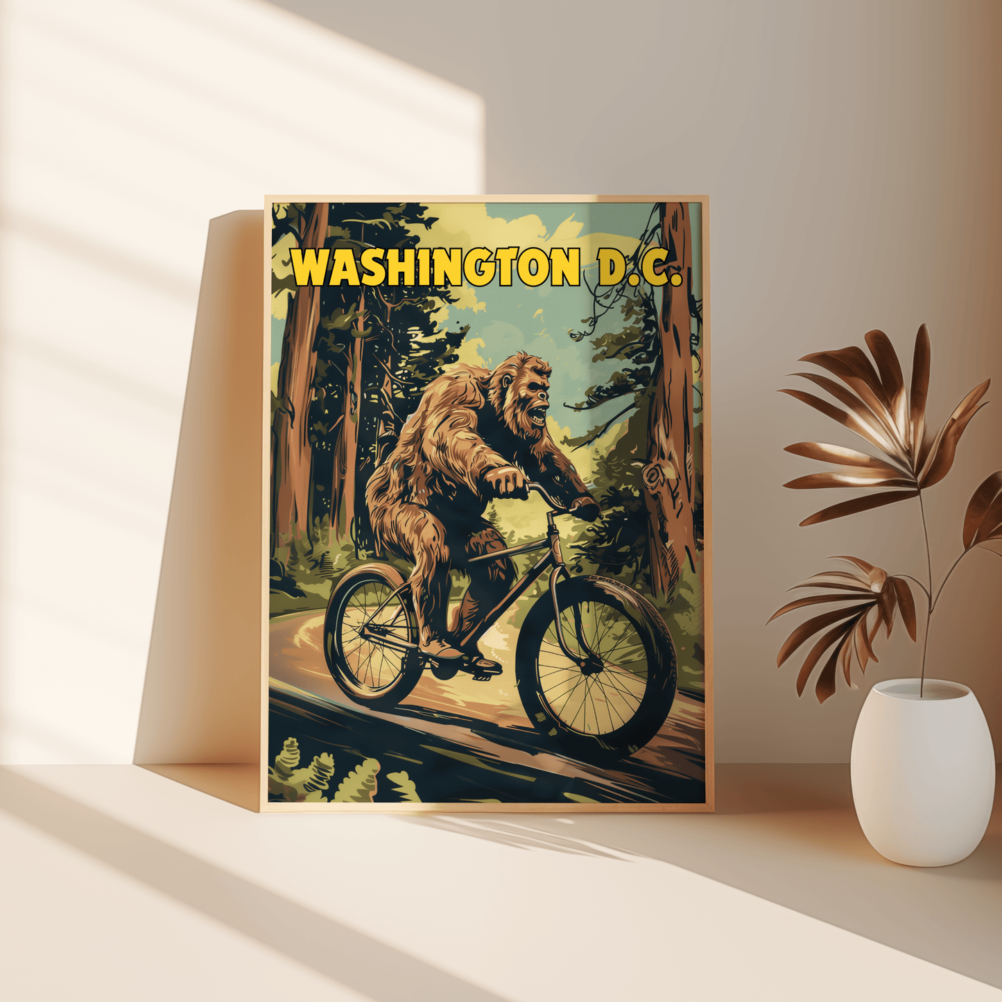 Travel Poster of a Bigfoot riding a bicycle through the forest, titled "Washington DC", leaning against the bedroom floor - Paw Prints