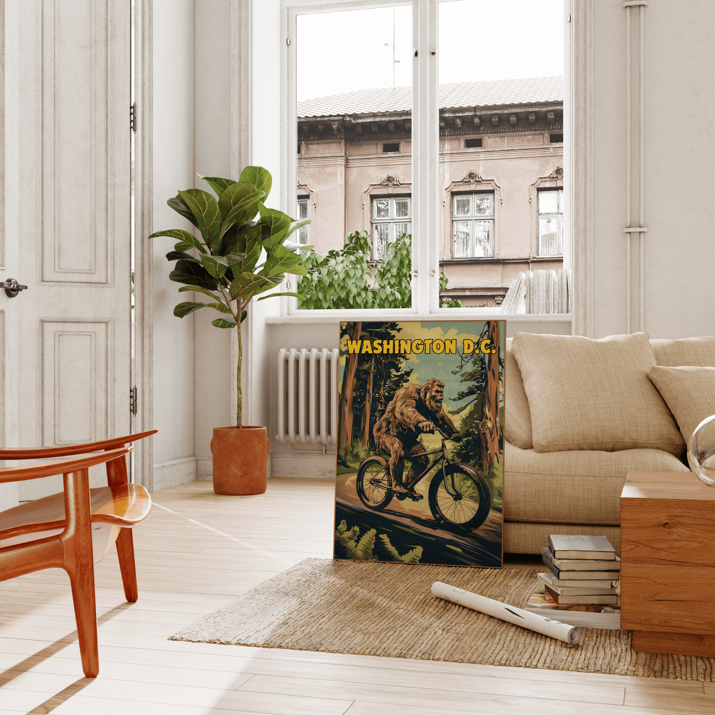 Travel Poster of a Bigfoot riding a bicycle through the forest, titled "Washington DC", leaning against the living room couch - Paw Prints